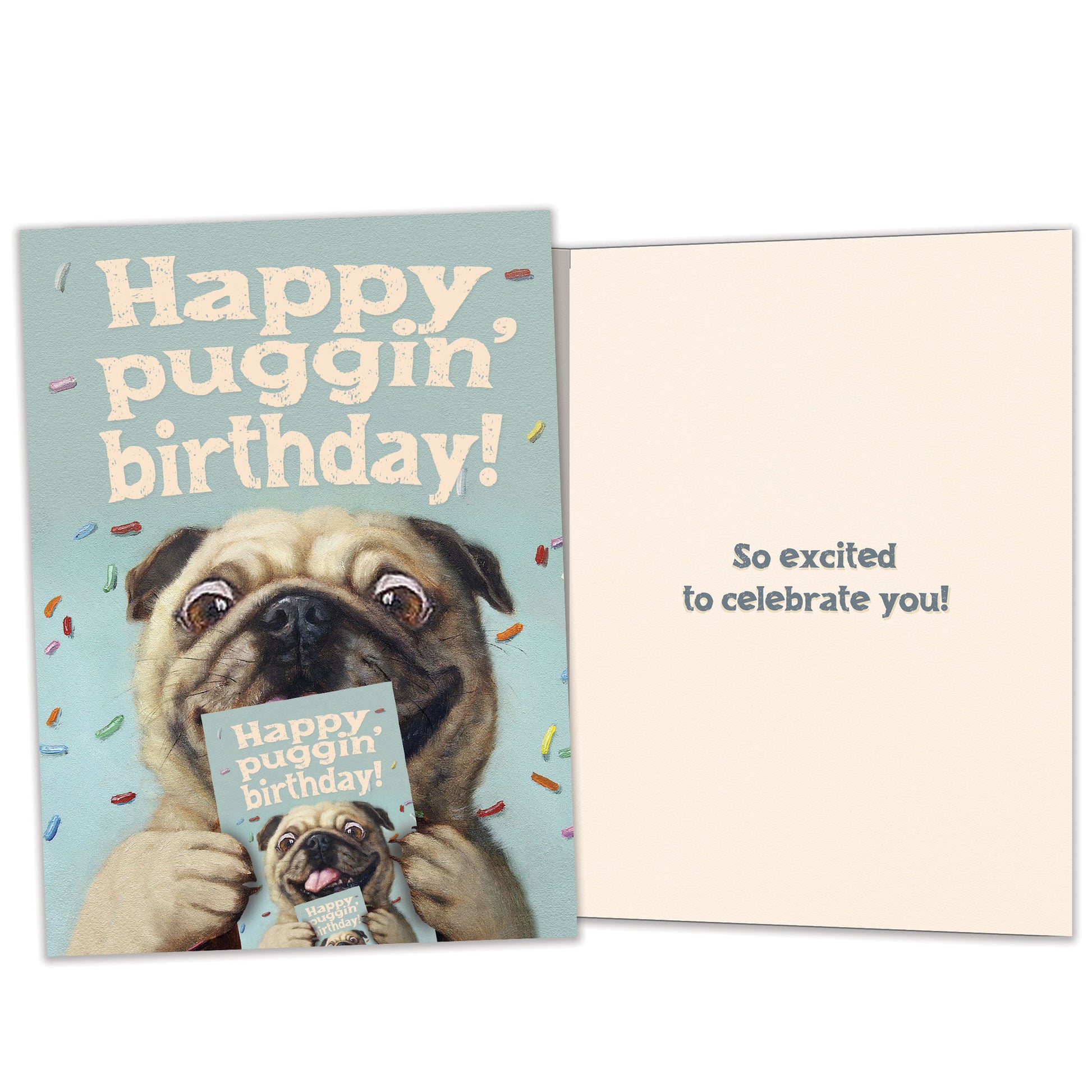 Front and inside view of a Birthday greeting card featuring a playful dog design and the message "happy puggin' birthday", with matching design details inside.