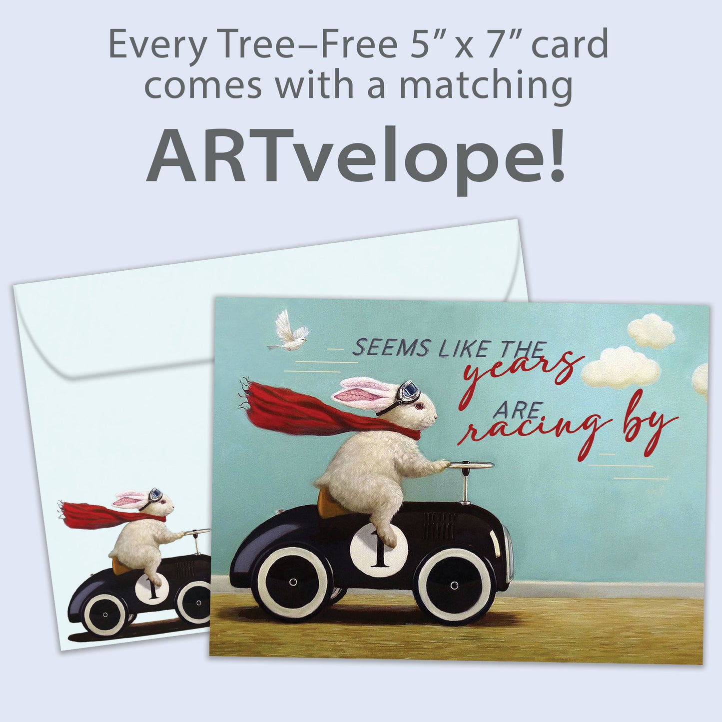 Front view of a Birthday greeting card featuring a bunny in a car design with the message "the years racing by", with matching envelope artwork.