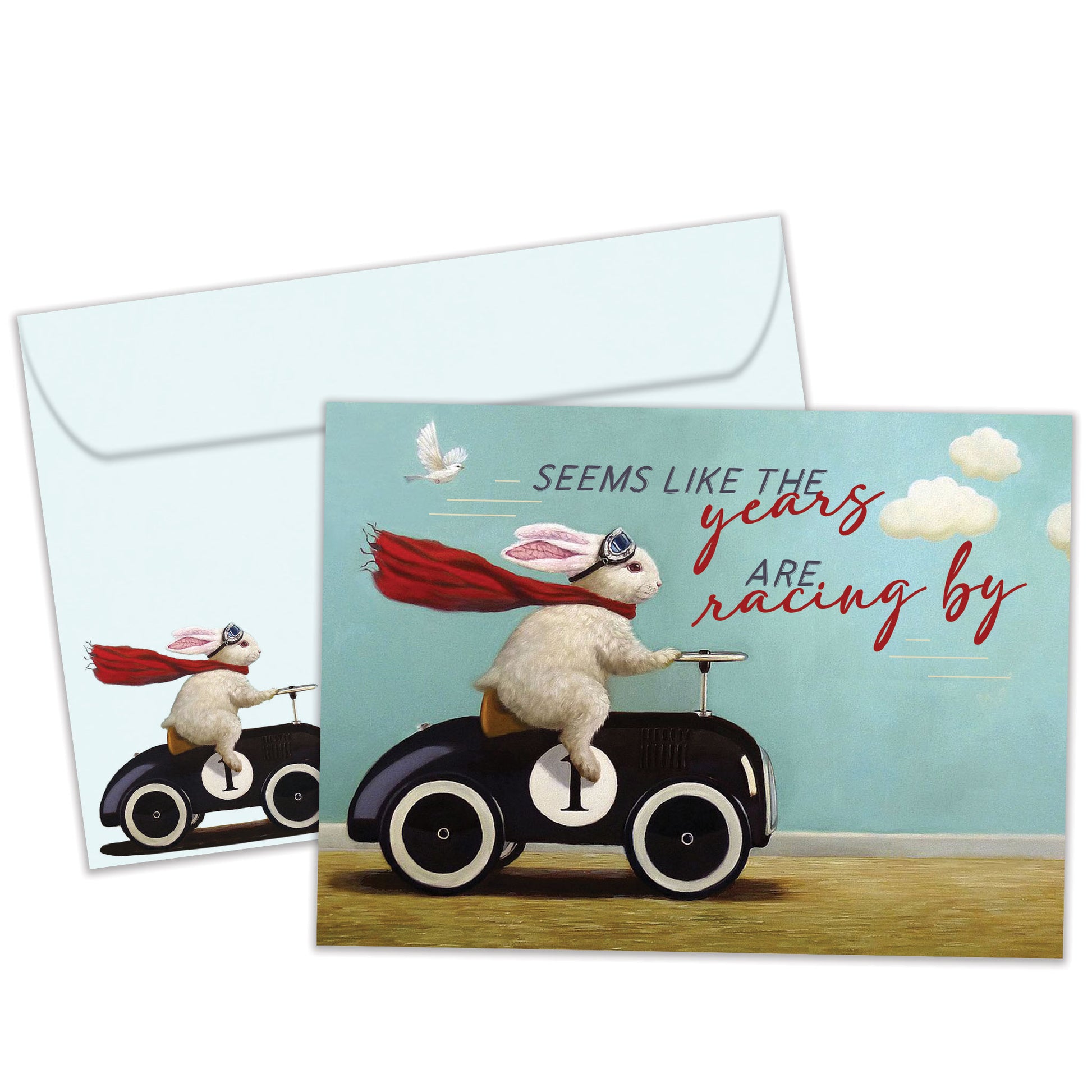 Front view of a Birthday greeting card featuring a bunny in a car design with the message "the years racing by", with a matching envelope.