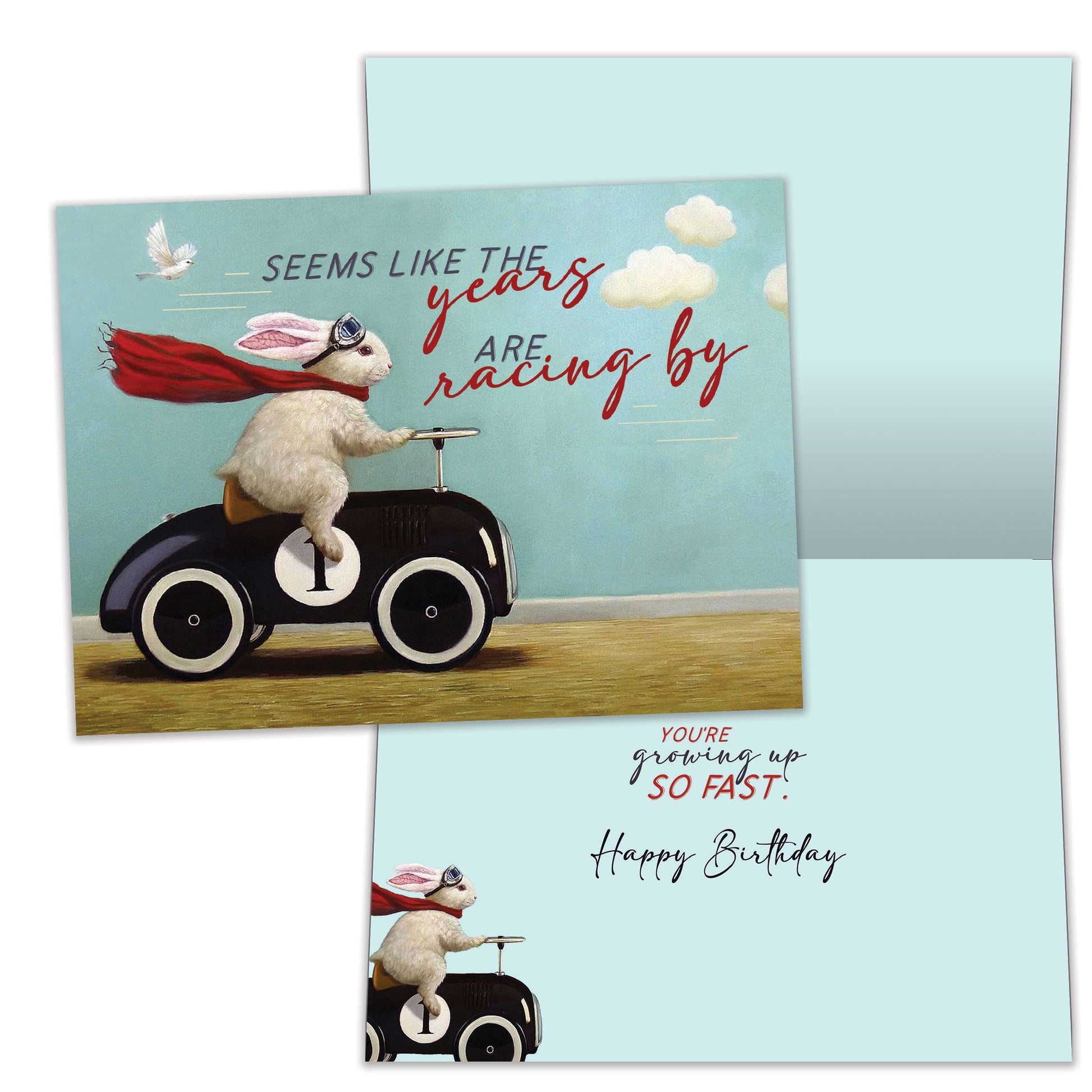 Front and inside view of a Birthday greeting card featuring a bunny in a car design and the message "the years racing by", with matching design details inside.