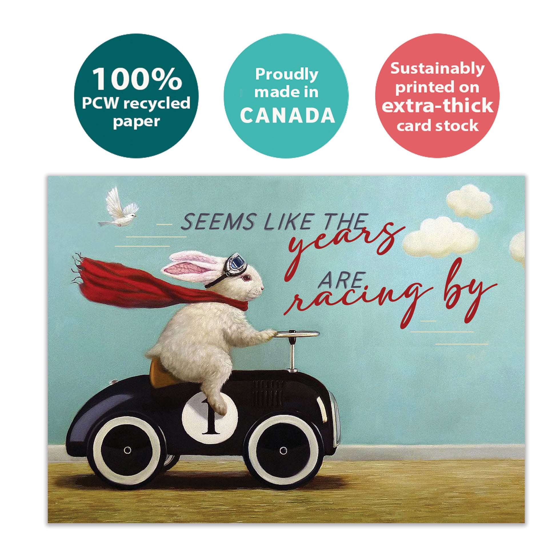 Front view of a Birthday greeting card with a bunny in a car design and the message "the years racing by", highlighting its eco-friendly materials and made in Canada.
