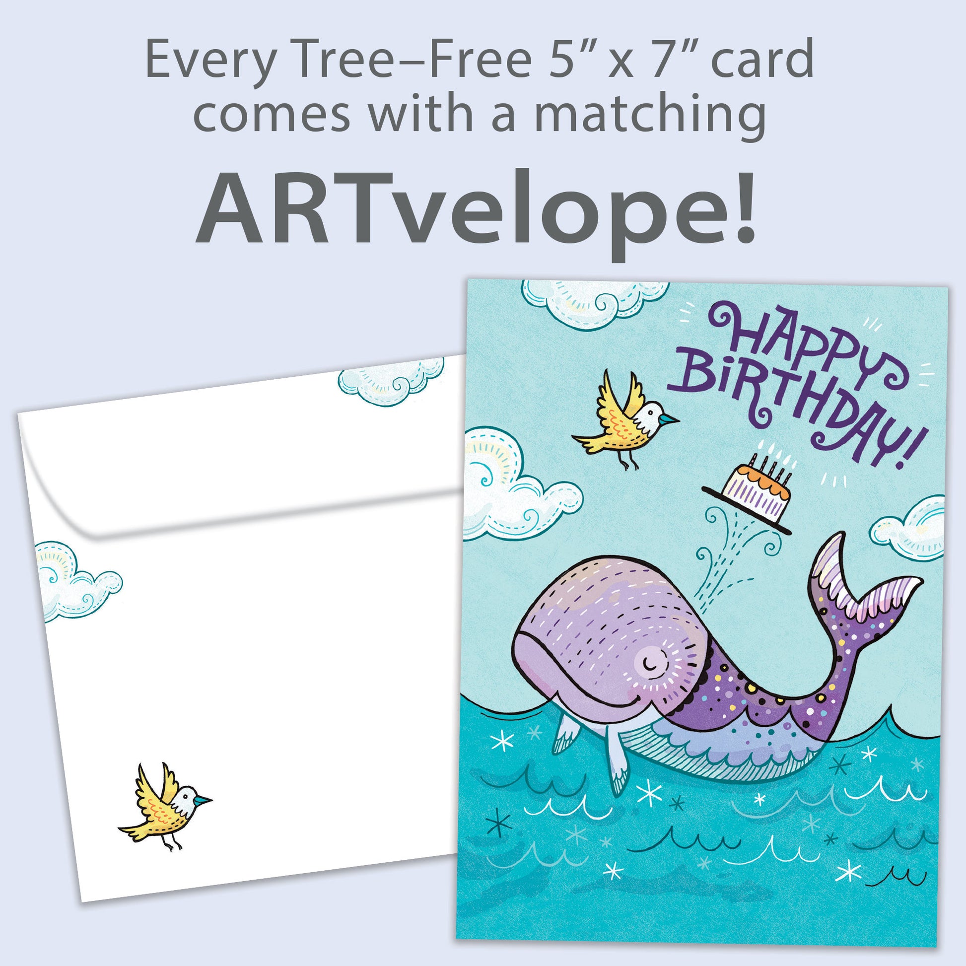Front view of a Birthday greeting card featuring a playful illustration of a purple whale with a happy birthday message, with matching envelope artwork.