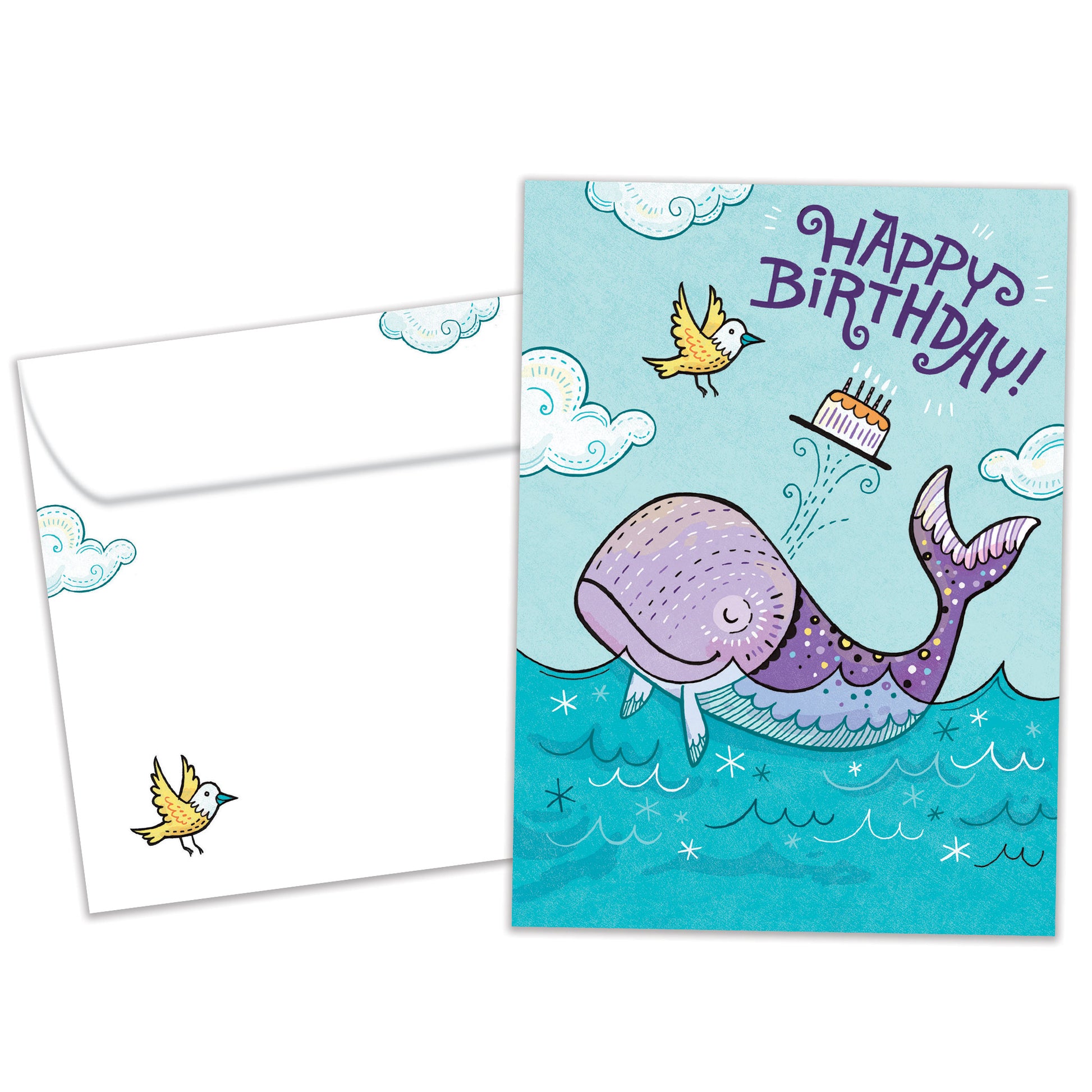 Front view of a Birthday greeting card featuring a playful illustration of a purple whale with a happy birthday message, with a matching envelope.