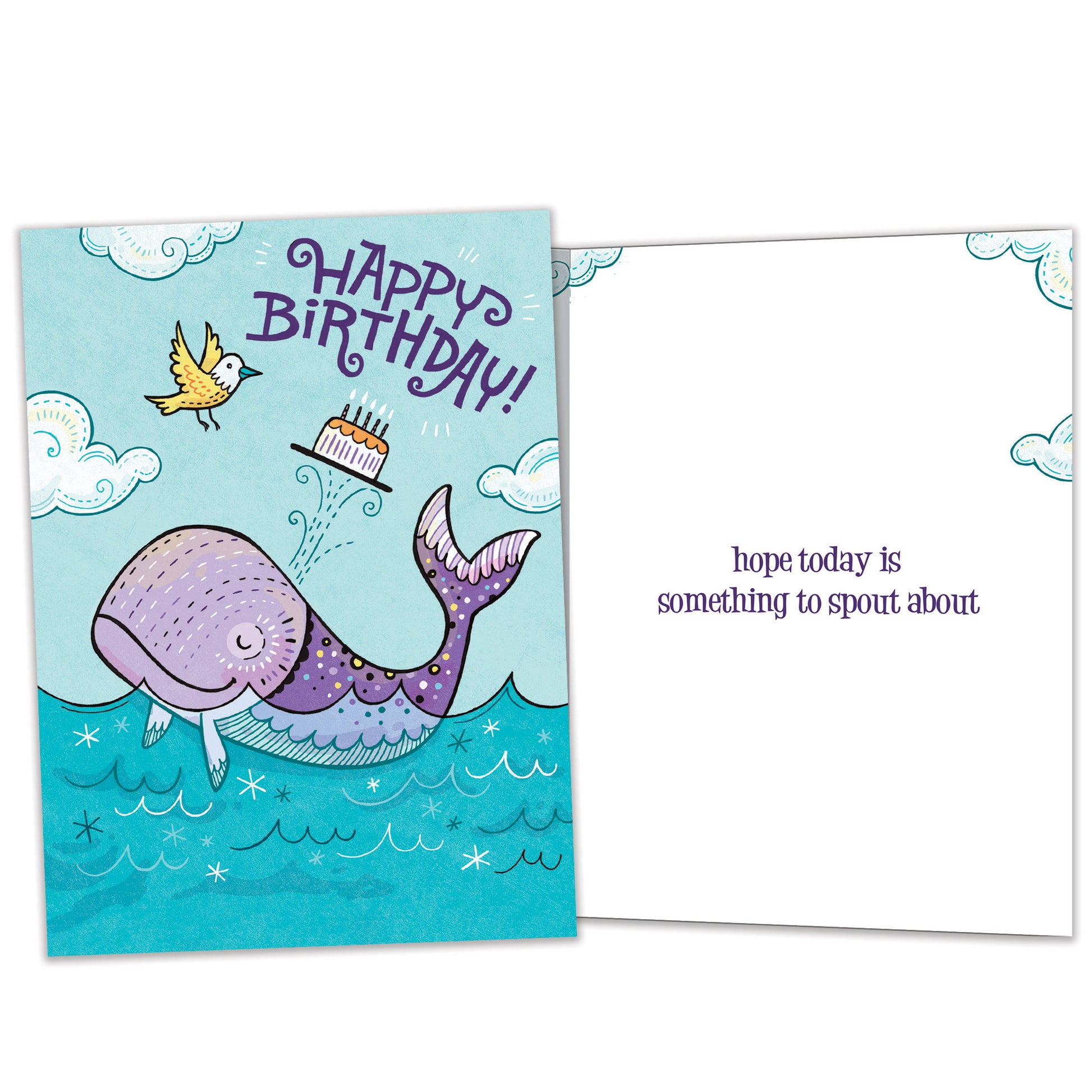 Front and inside view of a Birthday greeting card featuring a playful illustration of a purple whale with a happy birthday message, with matching design details inside.