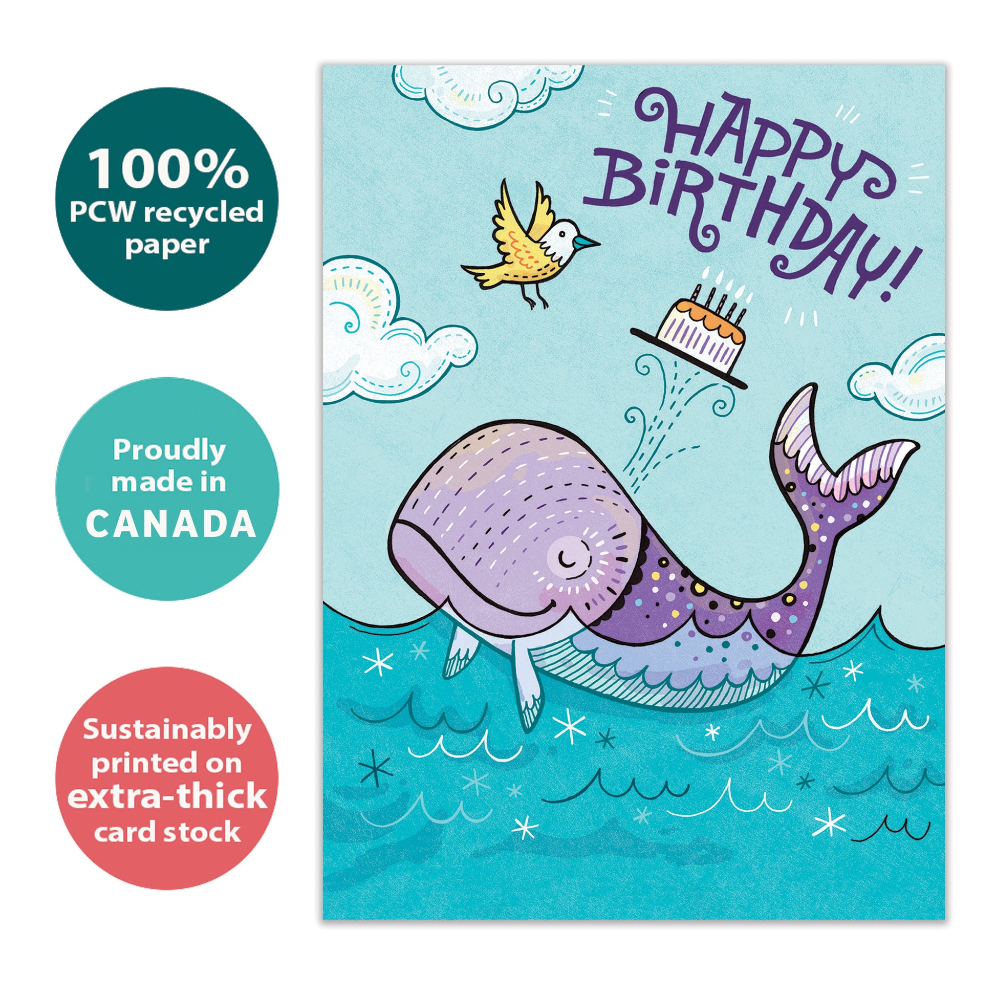 Front view of a Birthday greeting card with a playful illustration of a purple whale and a happy birthday message, highlighting its eco-friendly materials and made in Canada.