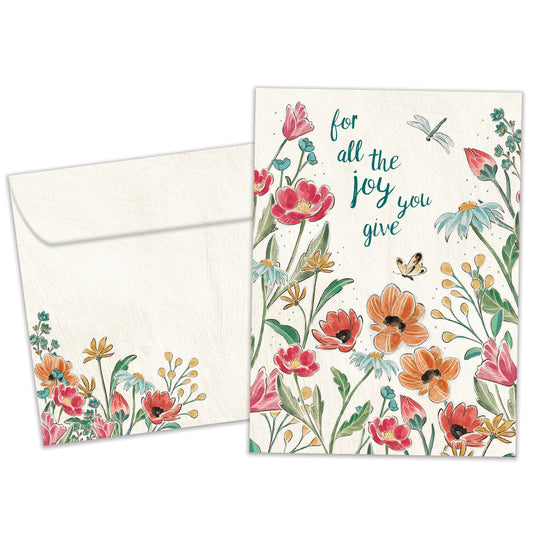 Front view of a Birthday greeting card featuring the message "for all the joy you give" surrounded by flowers, with a matching envelope.
