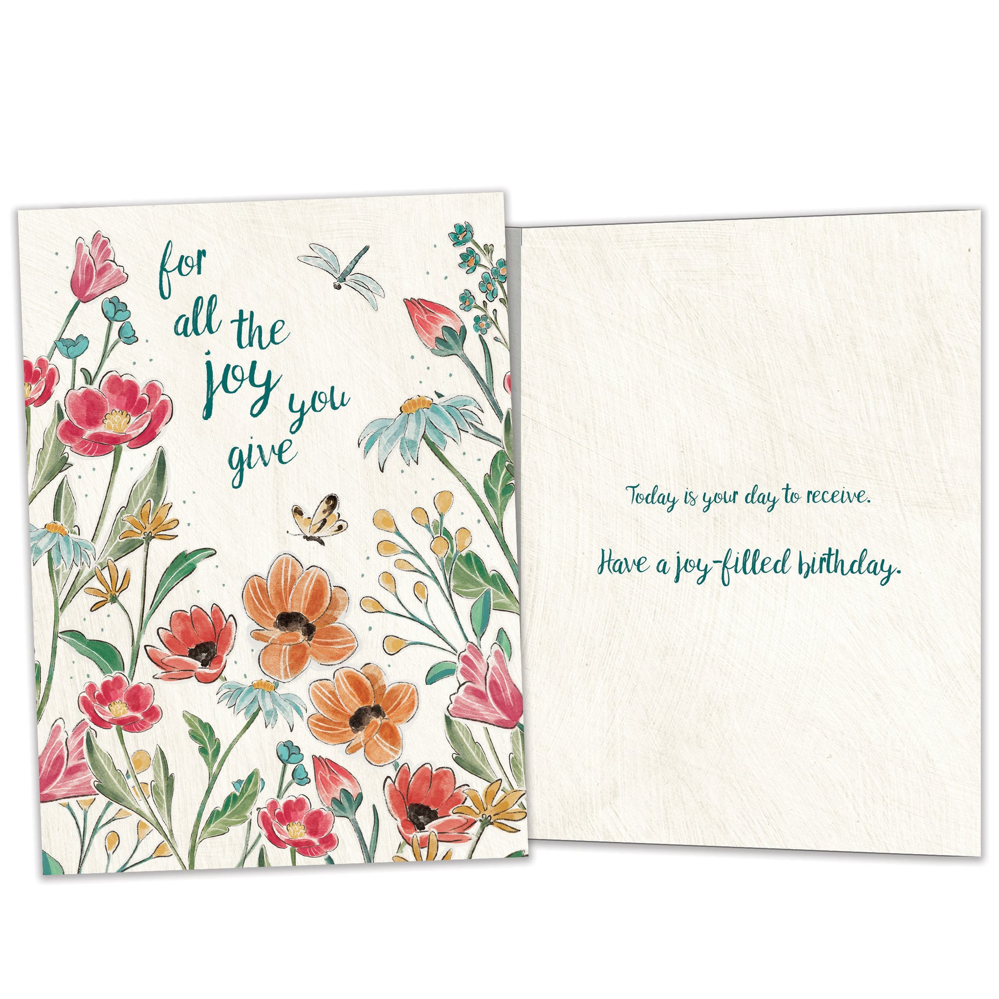 Front and inside view of a Birthday greeting card featuring the message "for all the joy you give" surrounded by flowers, with matching design details inside.