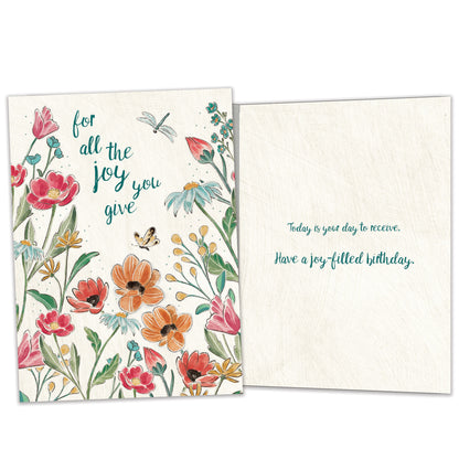 Front and inside view of a Birthday greeting card featuring the message "for all the joy you give" surrounded by flowers, with matching design details inside.