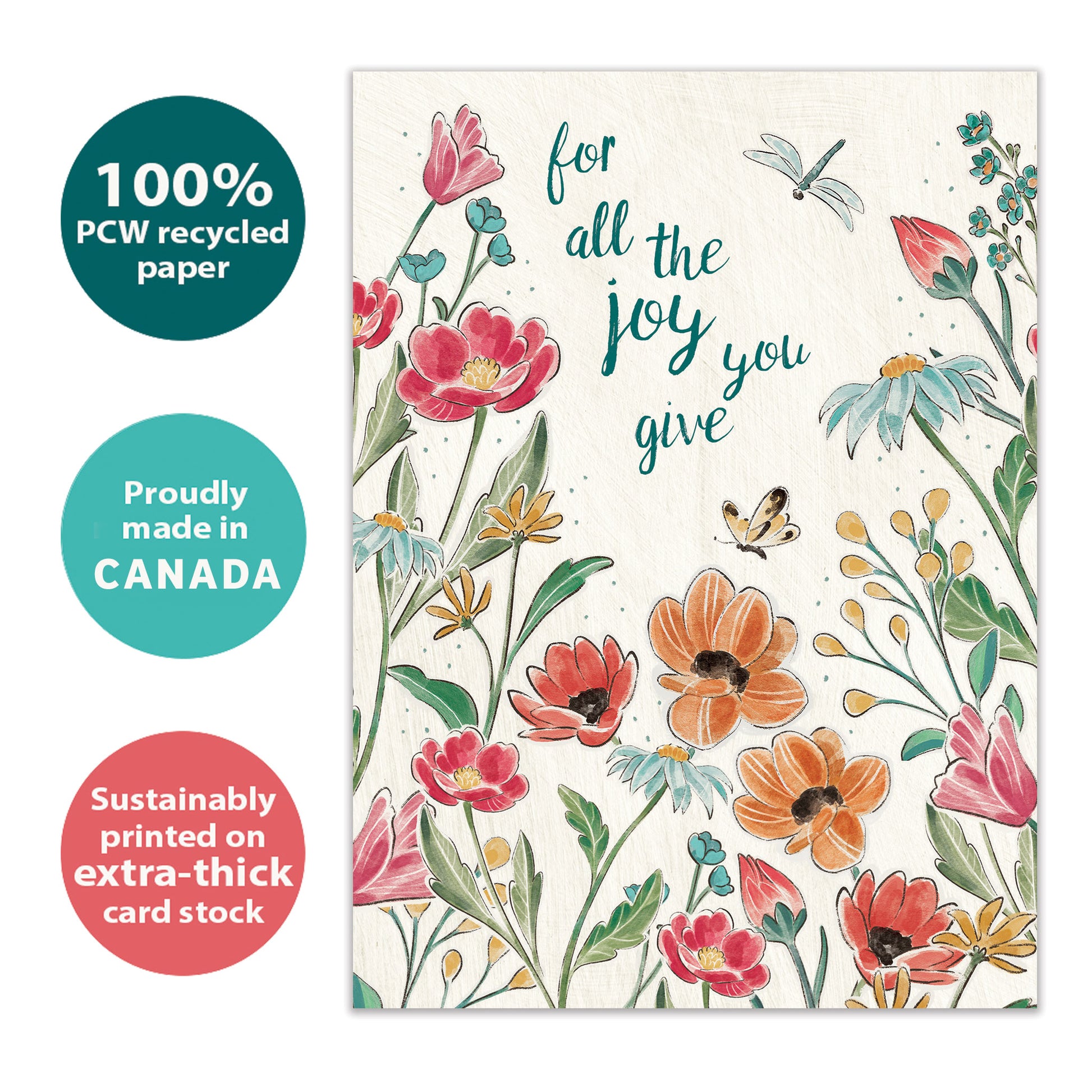 Front view of a Birthday greeting card with the message "for all the joy you give" surrounded by flowers, highlighting its eco-friendly materials and made in Canada.