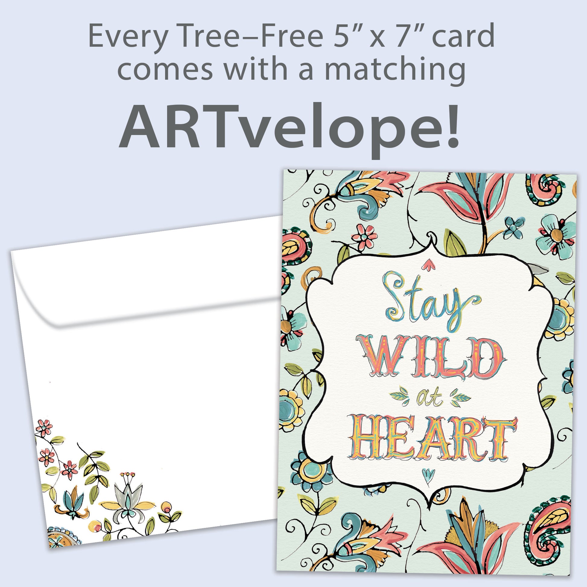 Front view of a Birthday greeting card featuring a floral design surrounding the words "stay wild at heart", with matching envelope artwork.