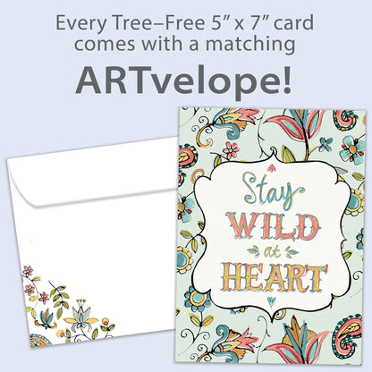 Front view of a Birthday greeting card featuring a floral design surrounding the words "stay wild at heart", with matching envelope artwork.
