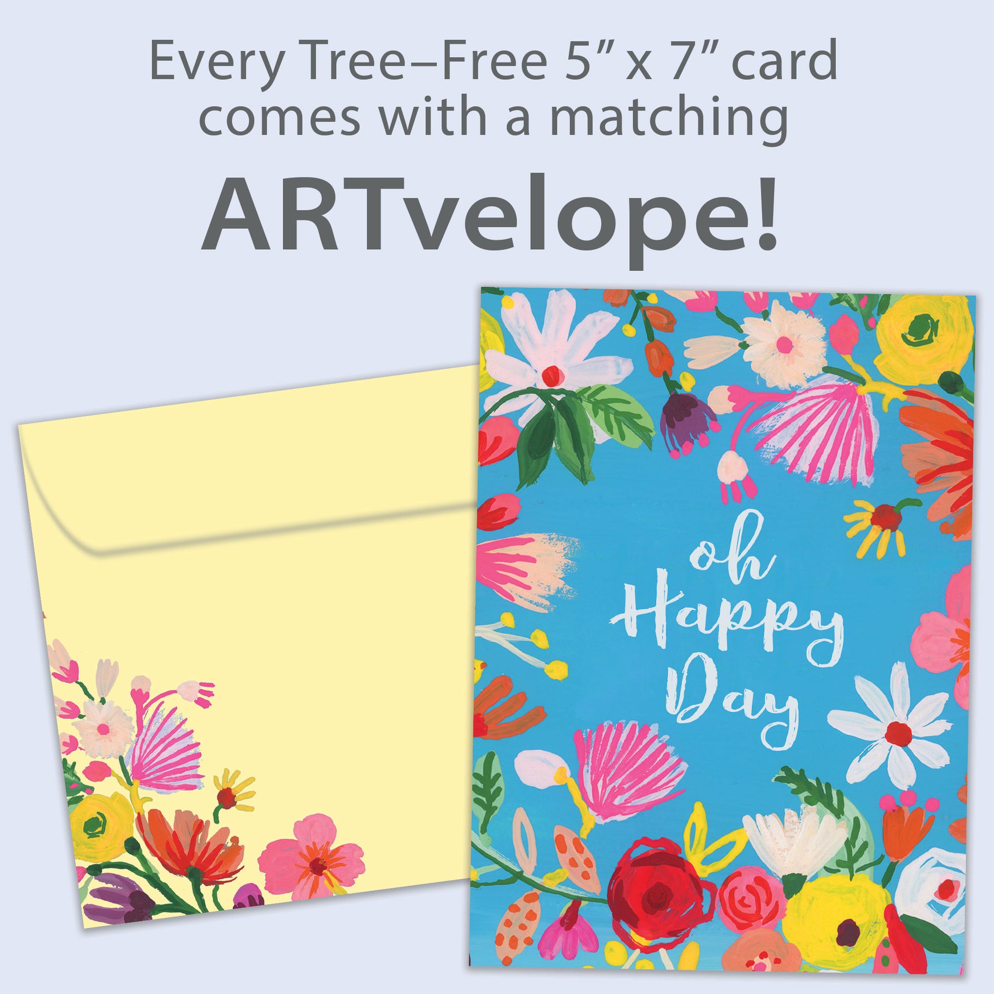 Front view of a Birthday greeting card featuring the message "oh happy day" surrounded by flowers on a baby blue background, with matching envelope artwork.