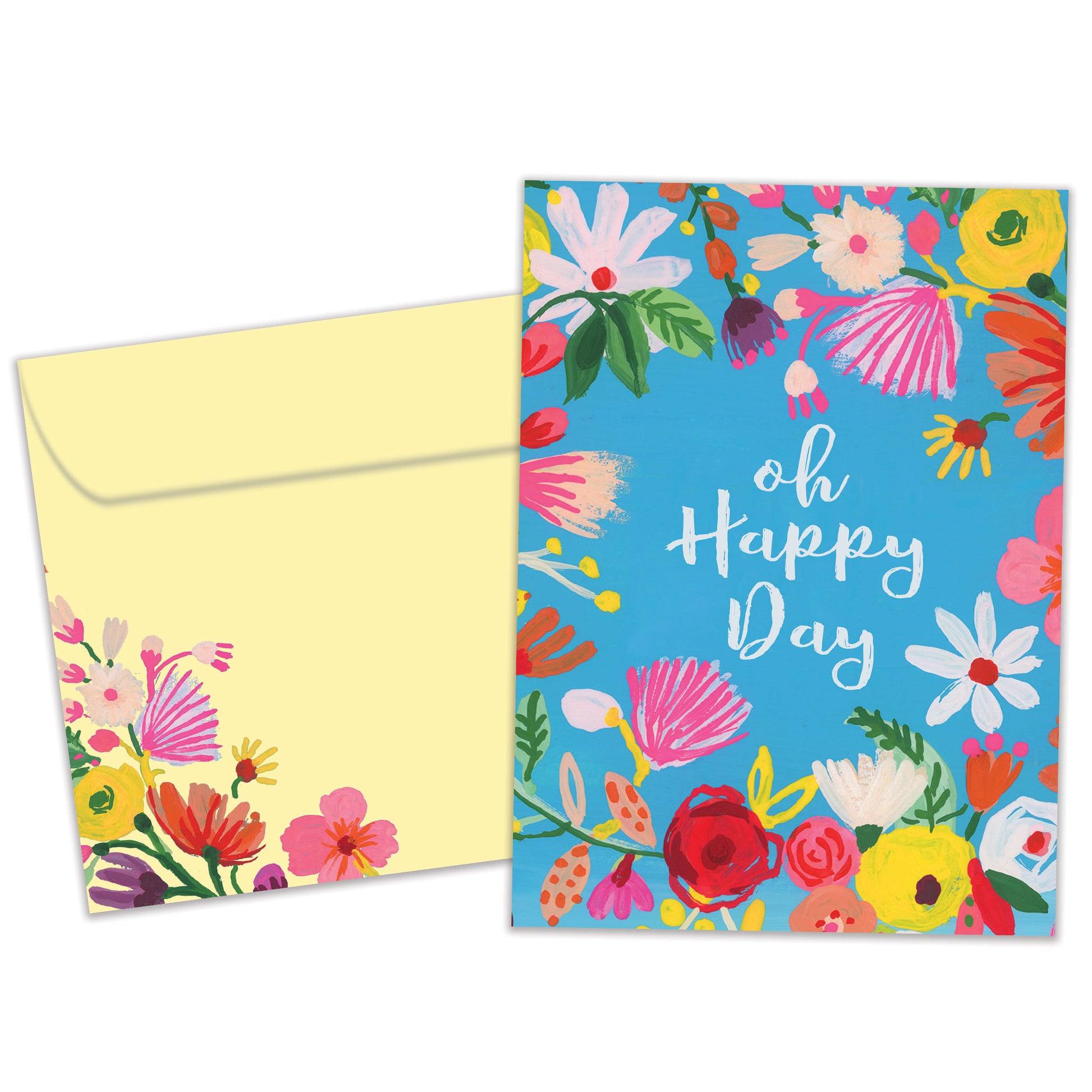 Front view of a Birthday greeting card featuring the message "oh happy day" surrounded by flowers on a baby blue background, with a matching envelope.