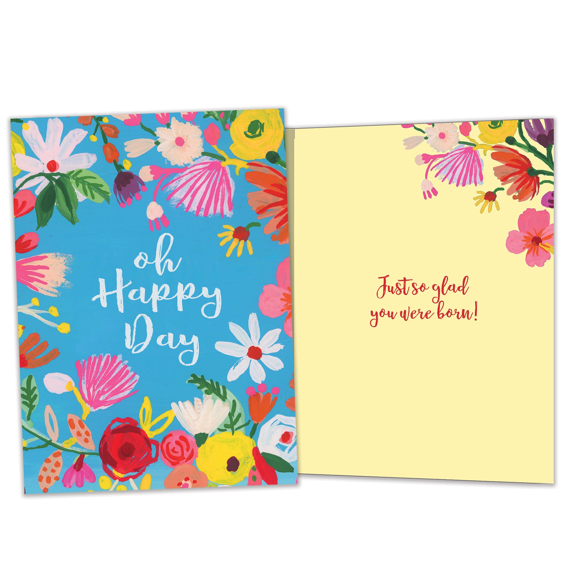 Front and inside view of a Birthday greeting card featuring the message "oh happy day" surrounded by flowers on a baby blue background, with matching design details inside.
