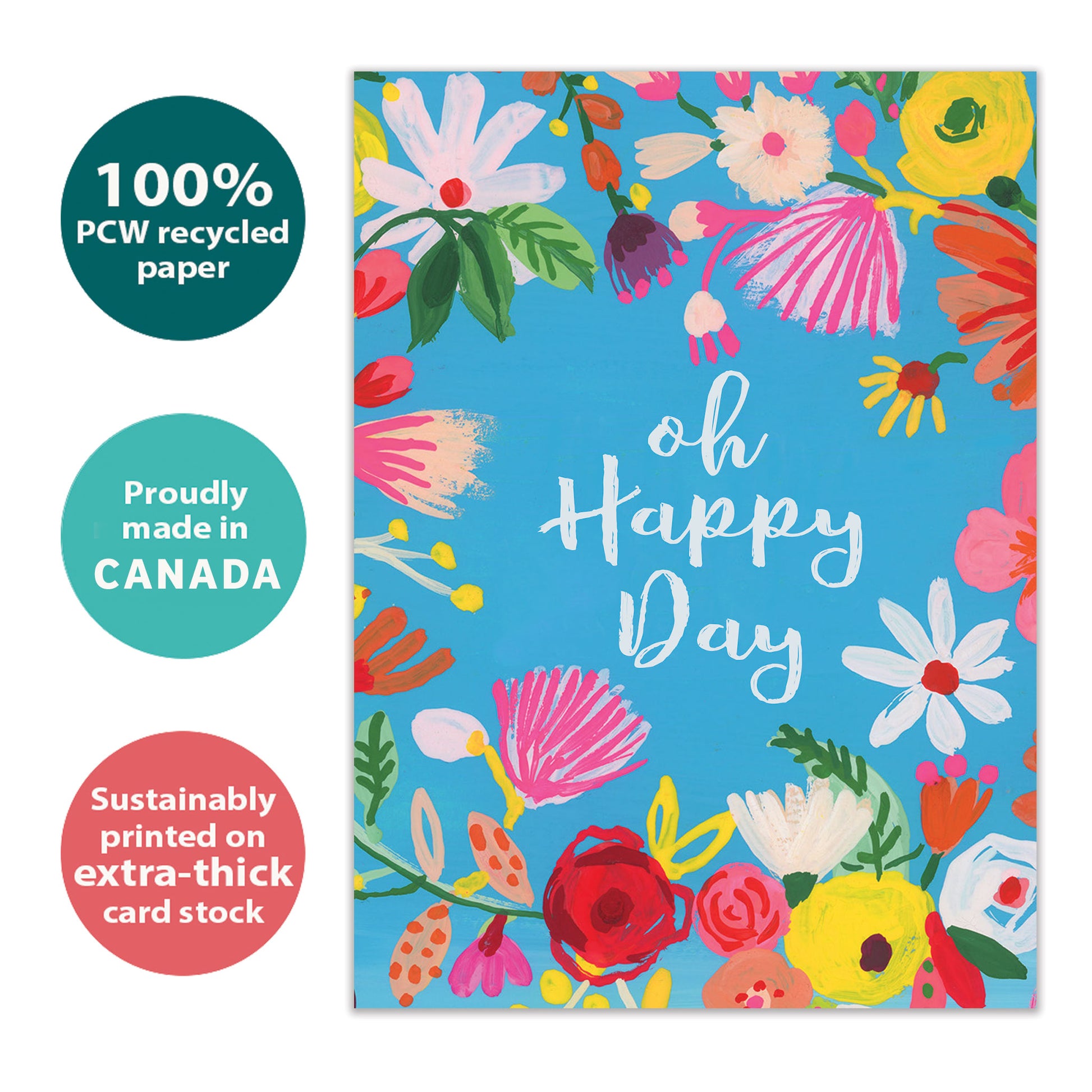 Front view of a Birthday greeting card with the message "oh happy day" surrounded by flowers on a baby blue background, highlighting its eco-friendly materials and made in Canada.