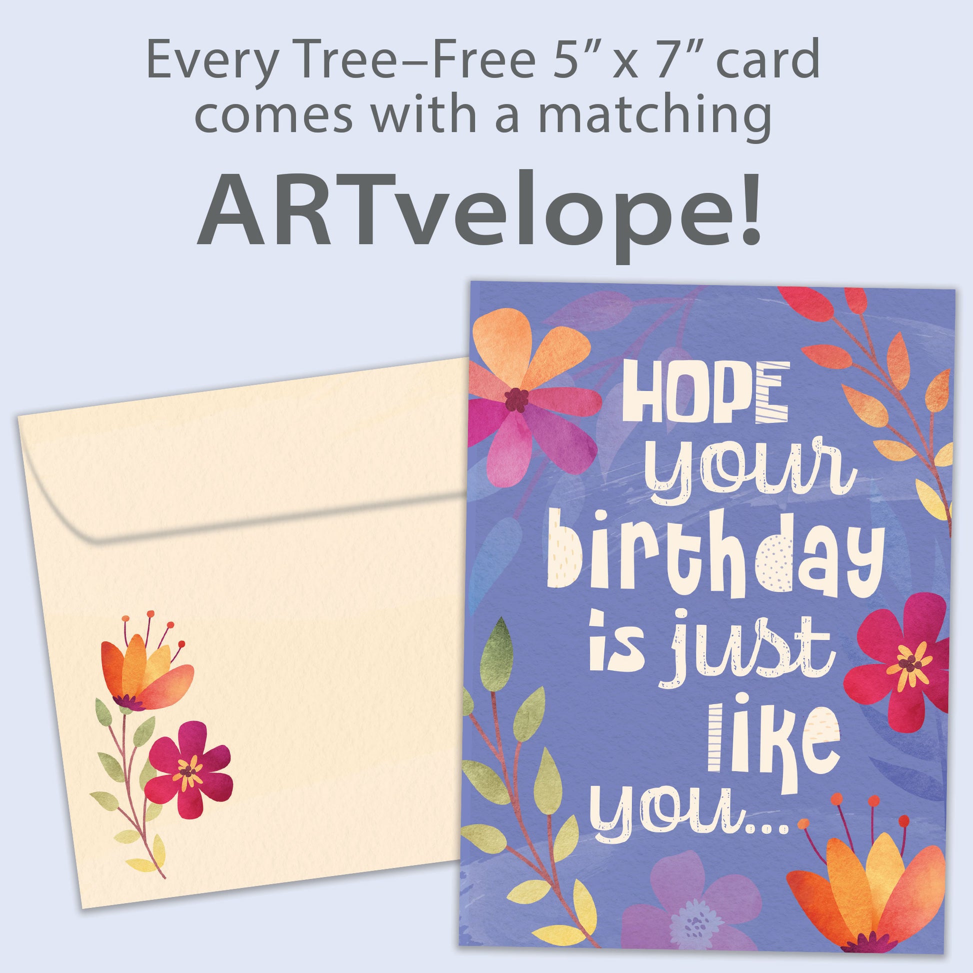 Front view of a Birthday greeting card featuring a floral design on a purple background with a birthday message, with matching envelope artwork.