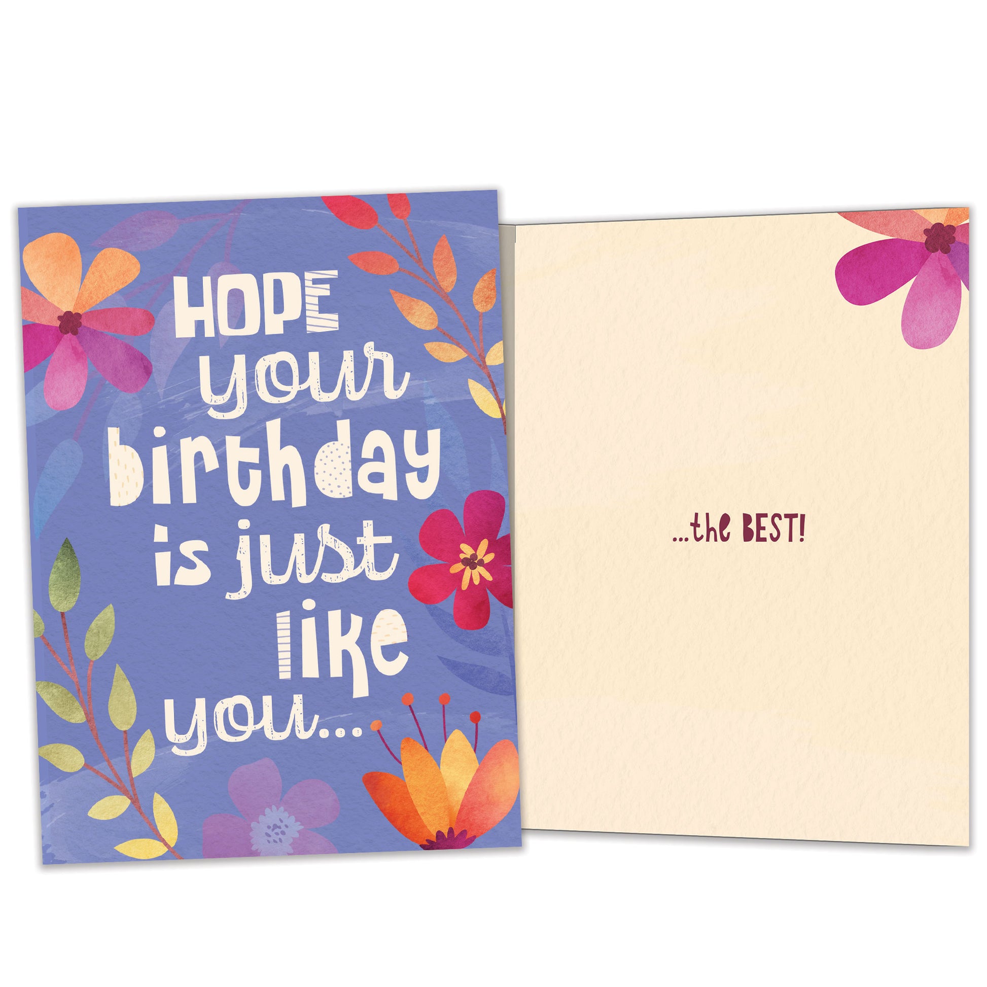 Front and inside view of a Birthday greeting card featuring a floral design on a purple background with a birthday message, with matching design details inside.
