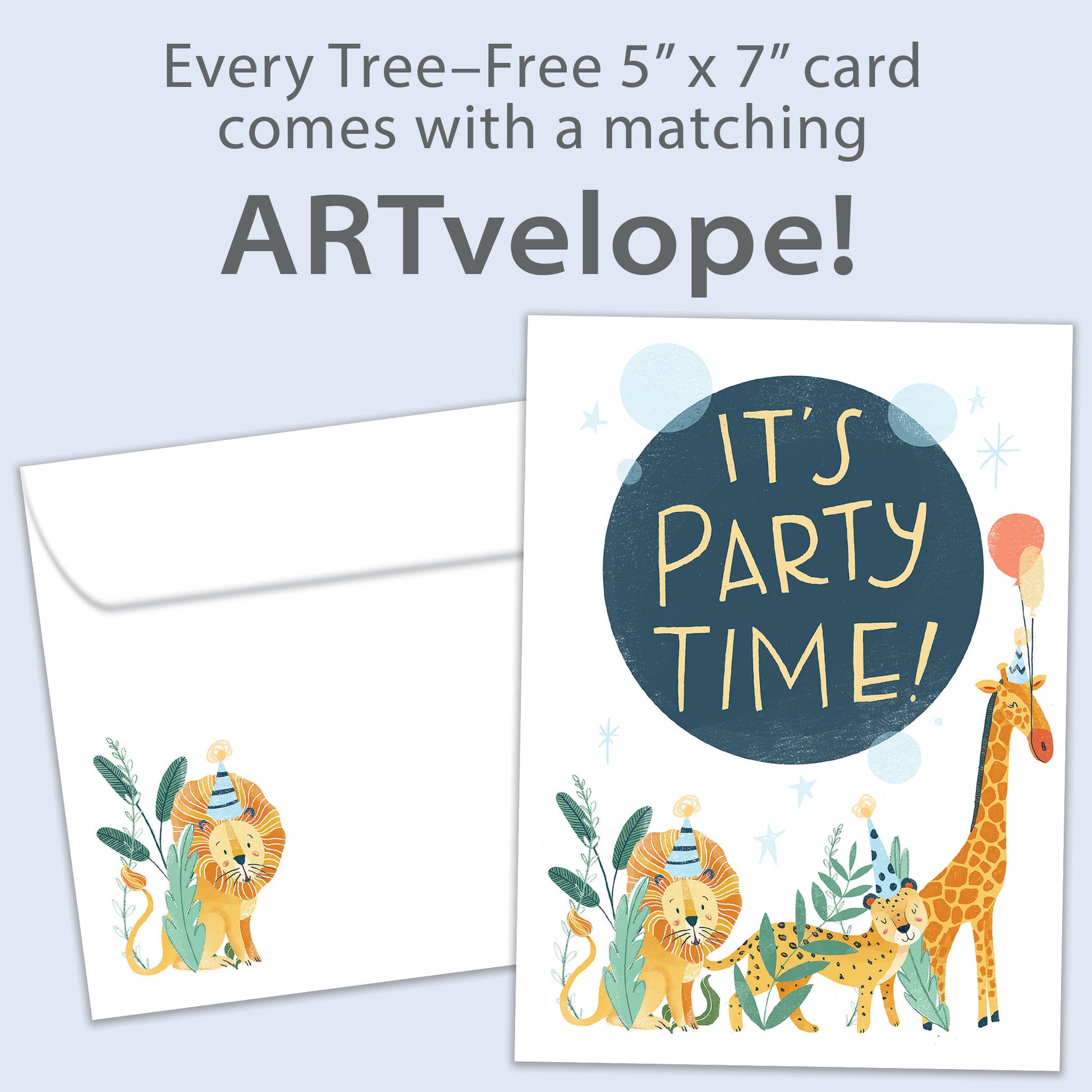 Front view of a Birthday greeting card featuring animals partying with the message "it's party time", with matching envelope artwork.
