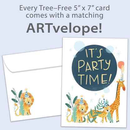 Front view of a Birthday greeting card featuring animals partying with the message "it's party time", with matching envelope artwork.