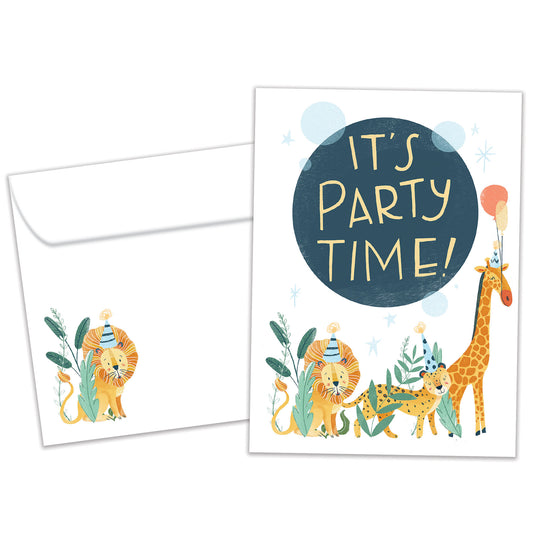 Front view of a Birthday greeting card featuring animals partying with the message "it's party time", with a matching envelope.