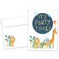 Front view of a Birthday greeting card featuring animals partying with the message "it's party time", with a matching envelope.