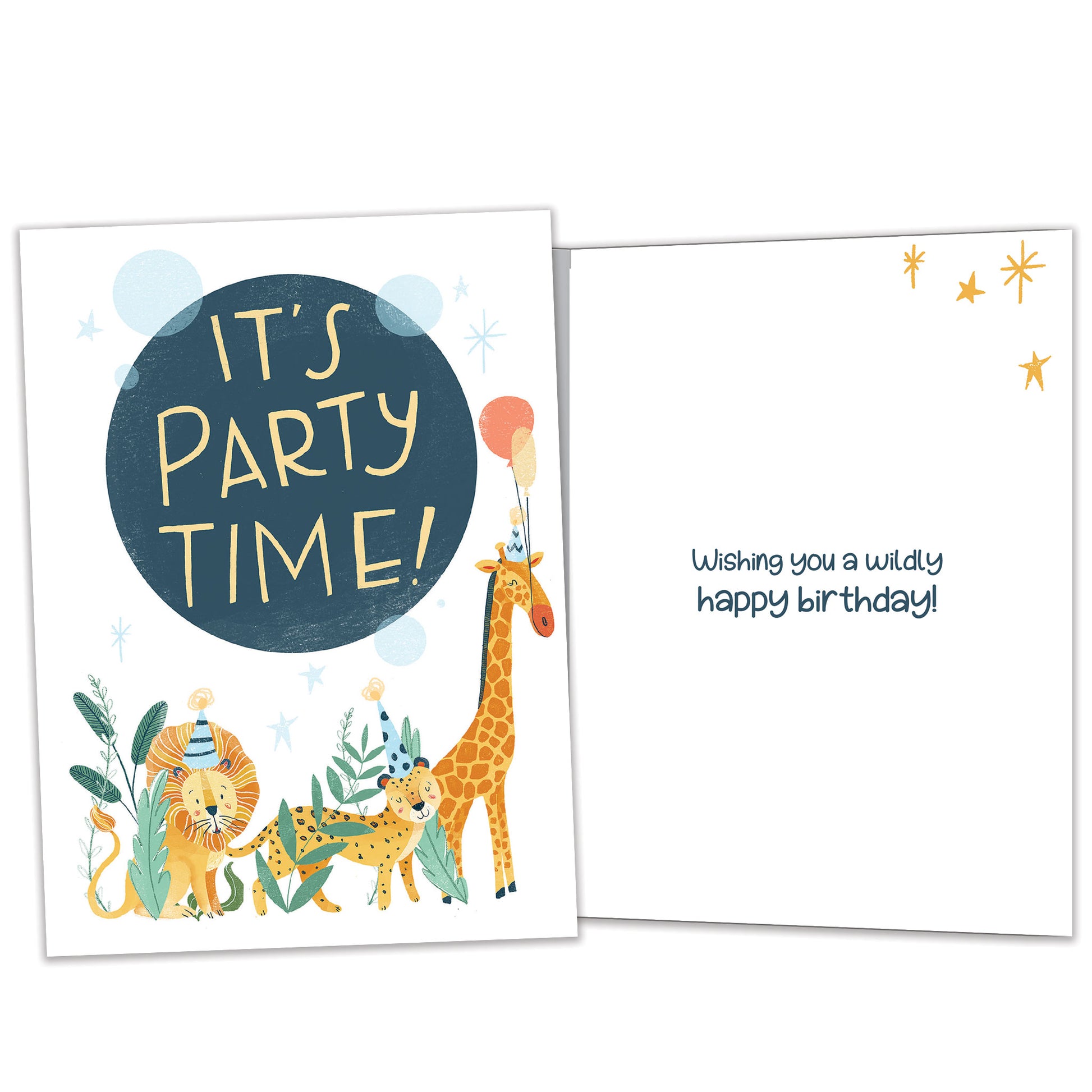 Front and inside view of a Birthday greeting card featuring animals partying with the message "it's party time", with matching design details inside.