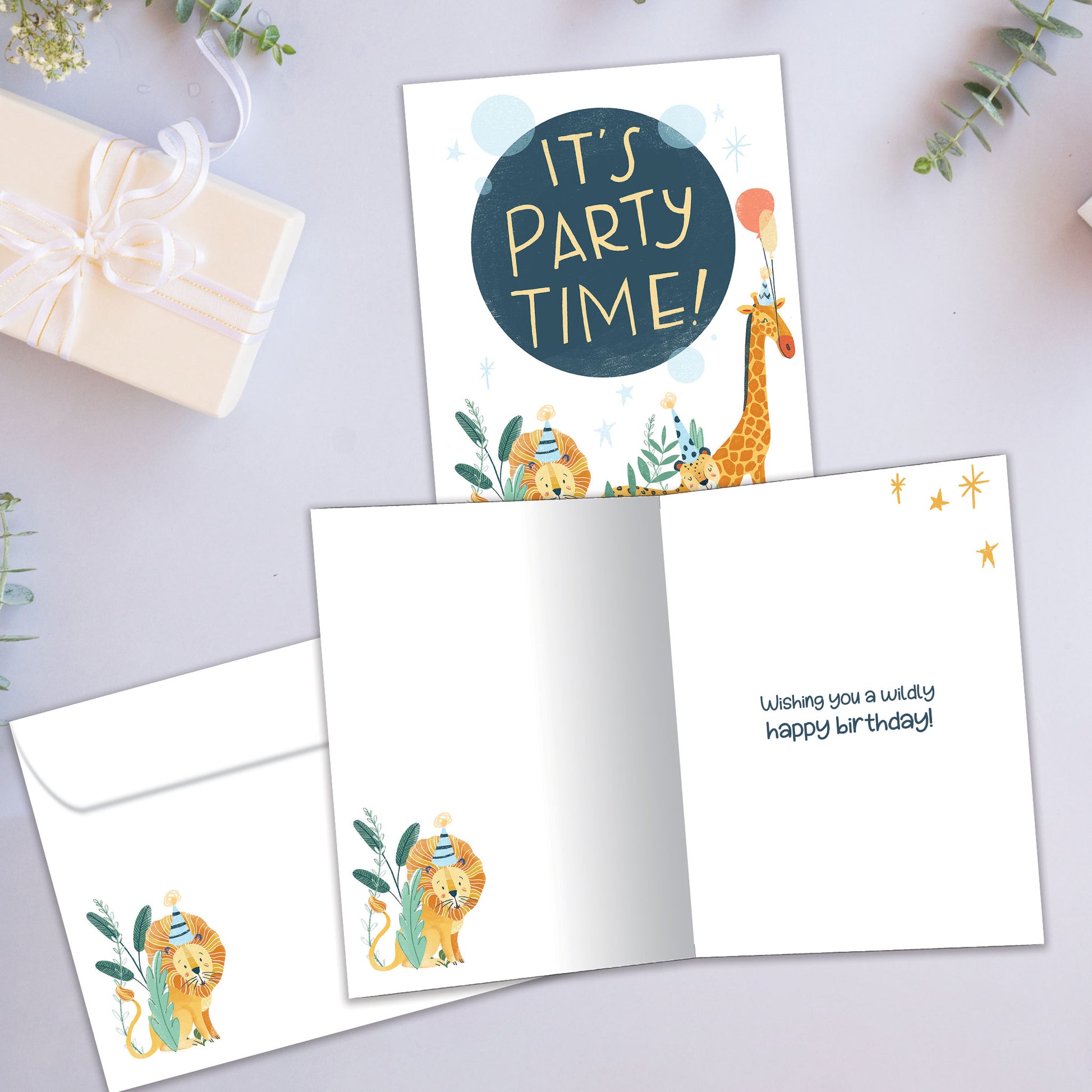 Front and inside view of a Birthday greeting card showcasing animals partying with the message "it's party time", with a matching envelope.