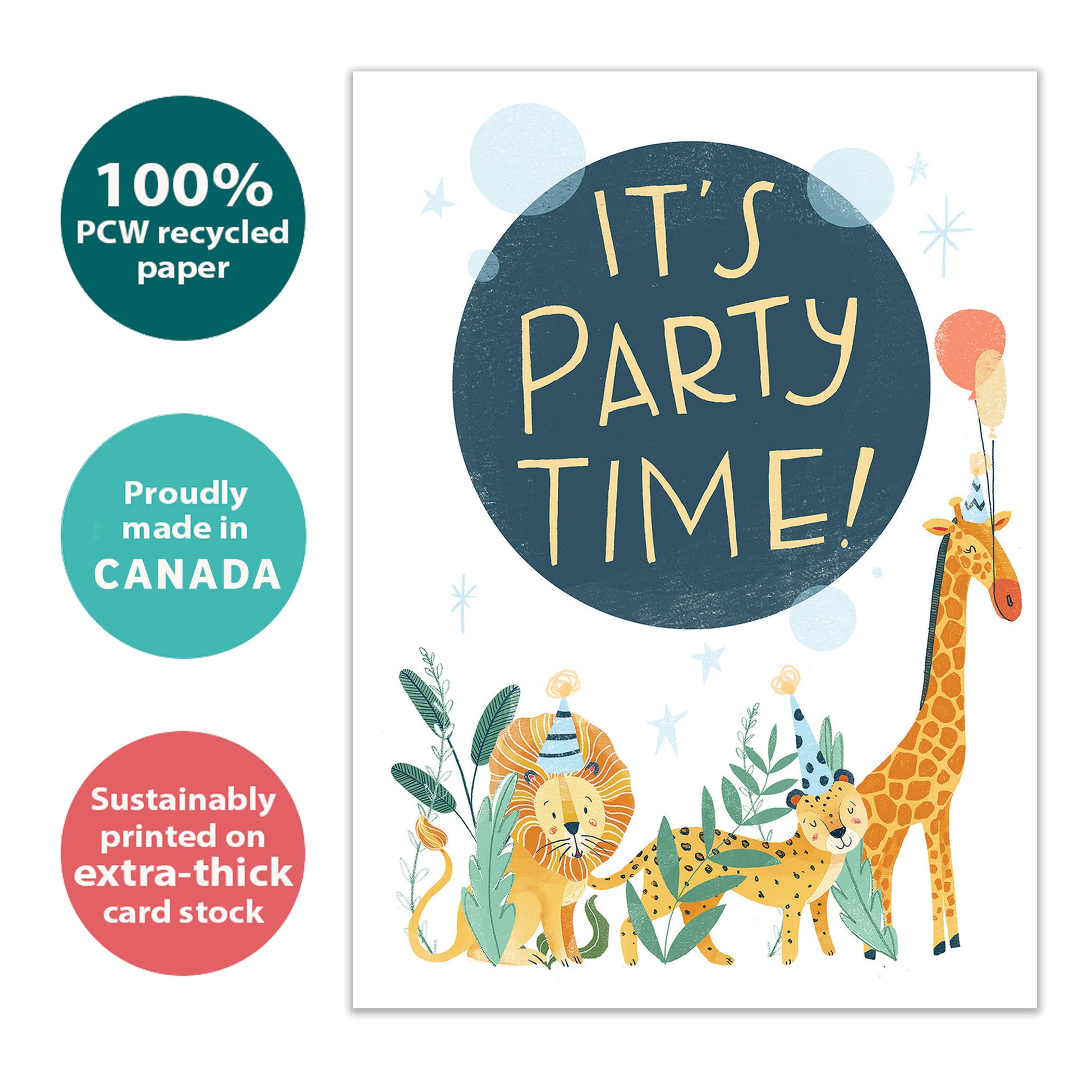 Front view of a Birthday greeting card with animals partying and the message "it's party time", highlighting its eco-friendly materials and made in Canada.