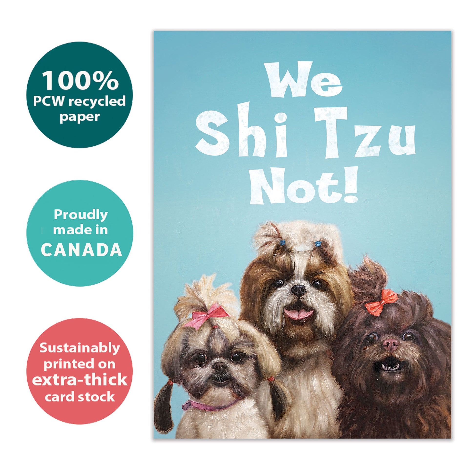 Front view of a Birthday greeting card with 3 dogs and the message "we Shi Tzu not!", highlighting its eco-friendly materials and made in Canada.