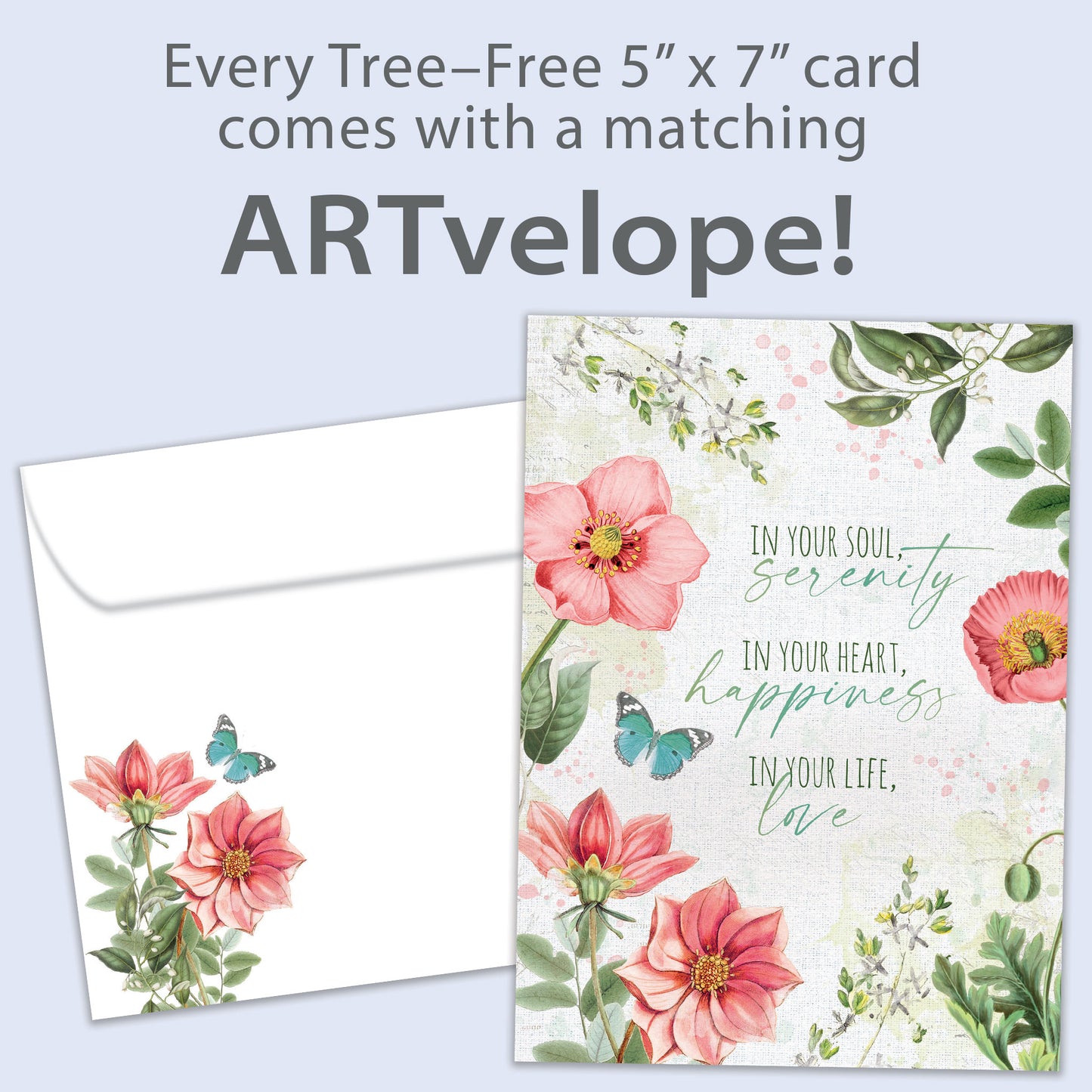 Front view of a Birthday greeting card featuring a floral design with a message about happiness and love, with matching envelope artwork.