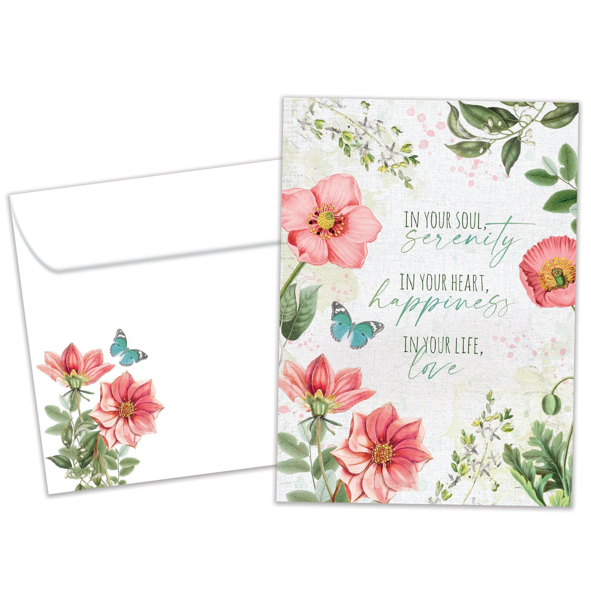 Front view of a Birthday greeting card featuring a floral design with a message about happiness and love, with a matching envelope.