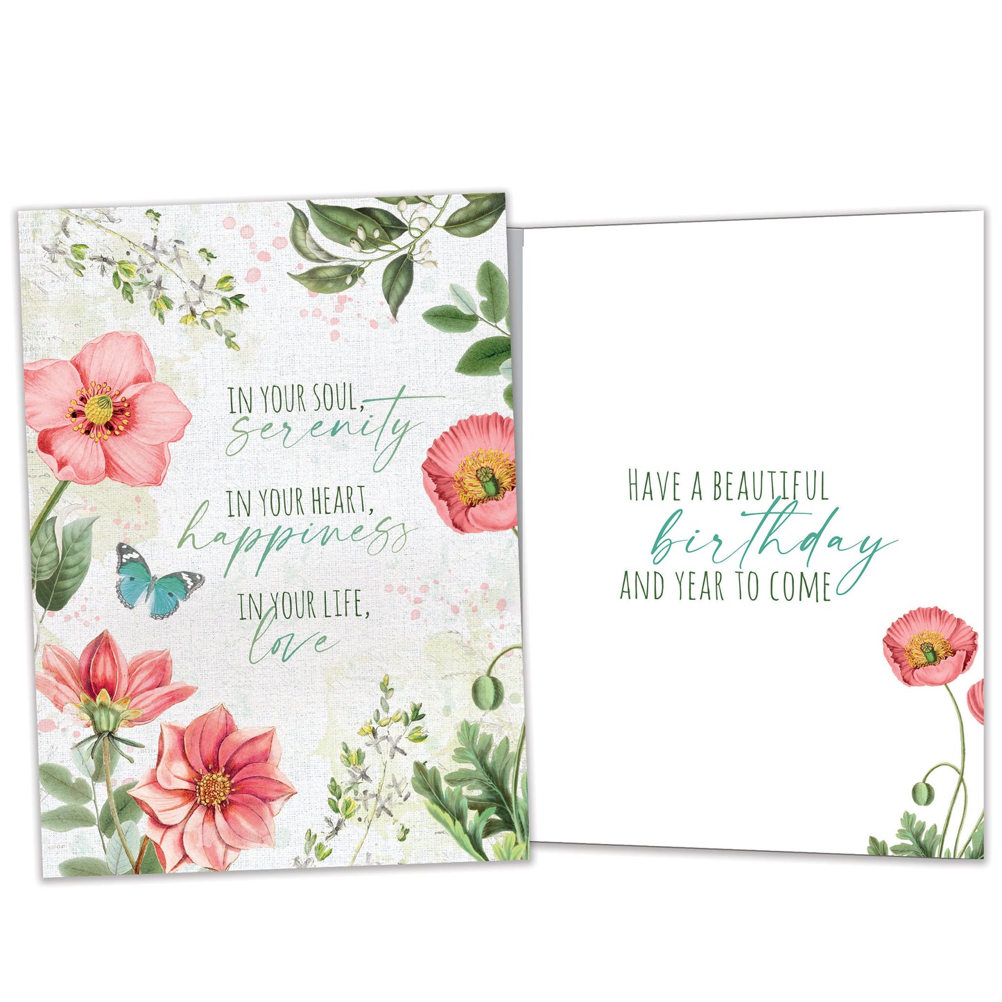 Front and inside view of a Birthday greeting card featuring a floral design with a message about happiness and love, with matching design details inside.