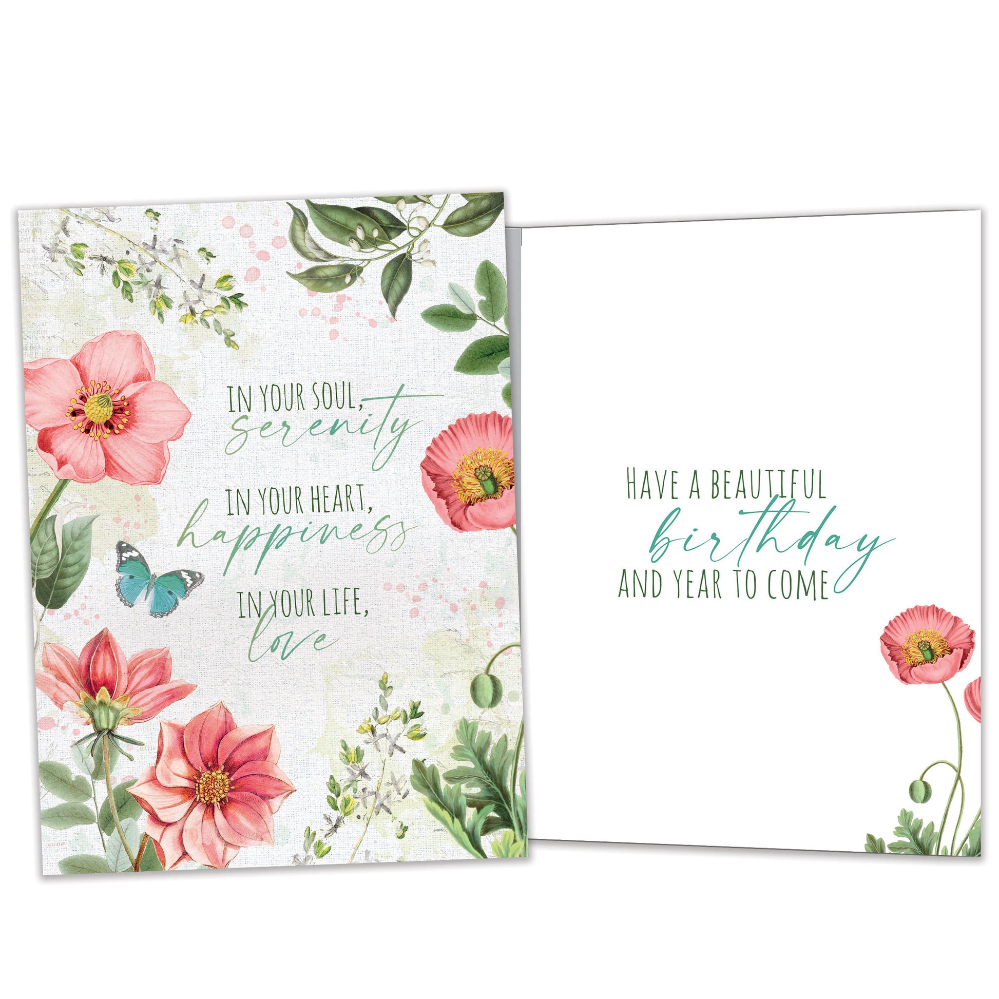 Front and inside view of a Birthday greeting card featuring a floral design with a message about happiness and love, with matching design details inside.