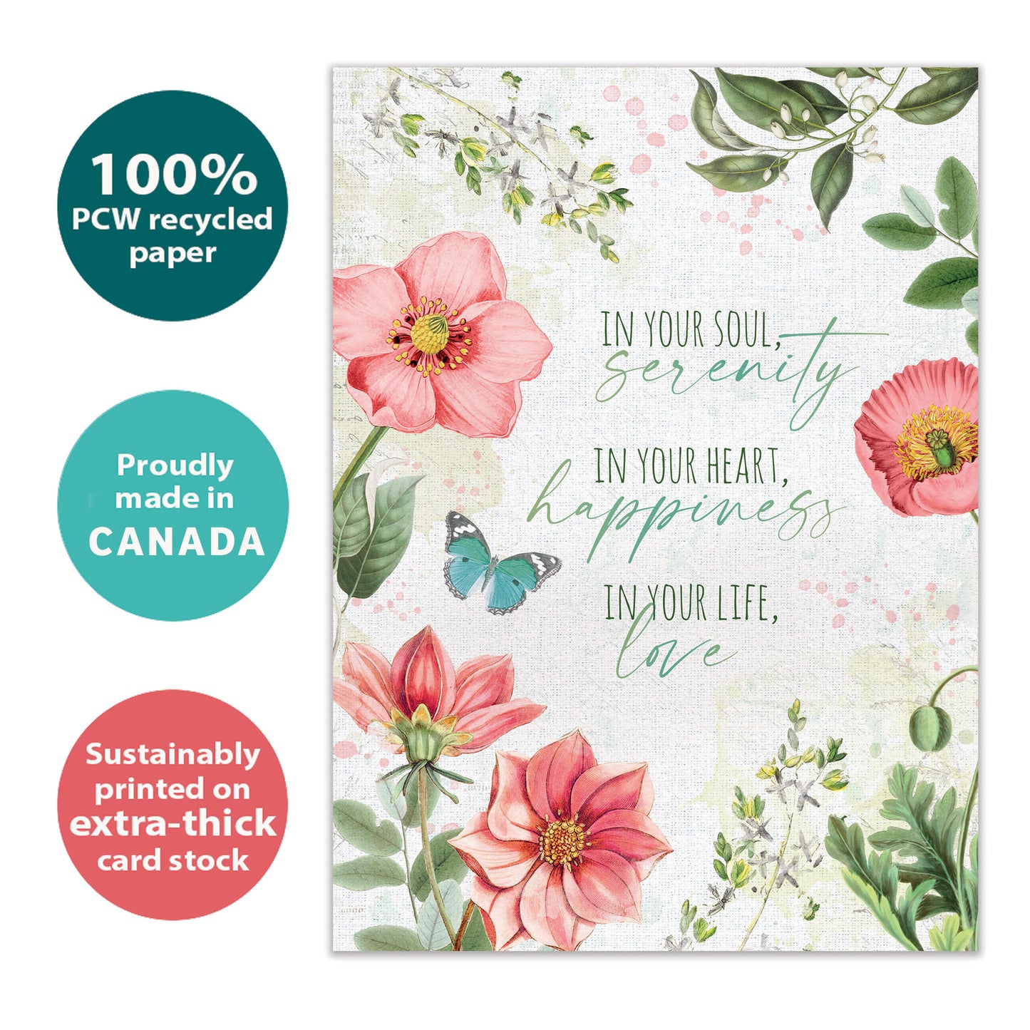 Front view of a Birthday greeting card with a floral design and a message about happiness and love, highlighting its eco-friendly materials and made in Canada.