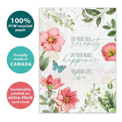 Front view of a Birthday greeting card with a floral design and a message about happiness and love, highlighting its eco-friendly materials and made in Canada.