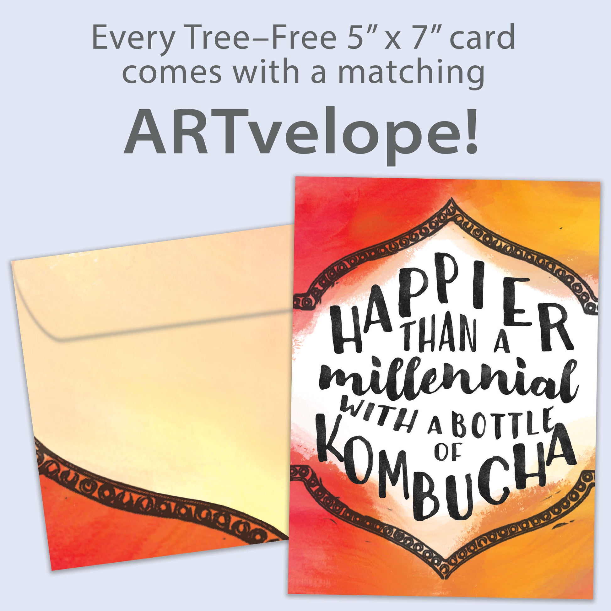 Front view of a Birthday greeting card featuring a colourful background with a message about being happier than a millennial, with matching envelope artwork.