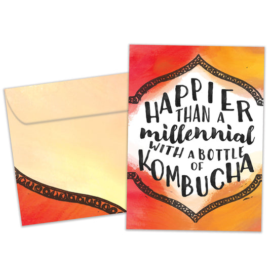 Front view of a Birthday greeting card featuring a colourful background with a message about being happier than a millennial, with a matching envelope.