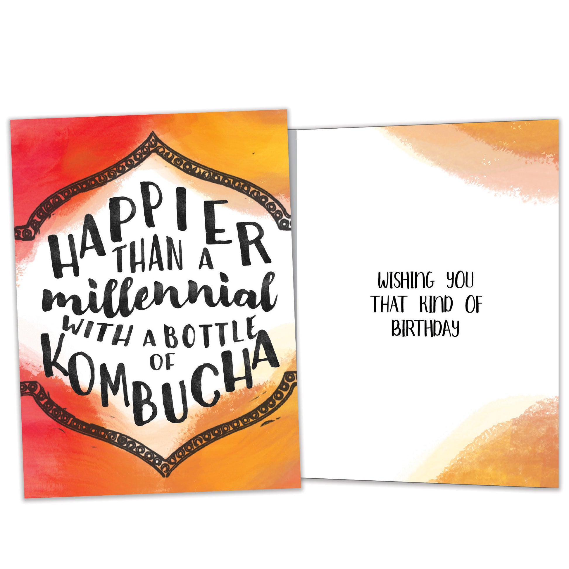 Front and inside view of a Birthday greeting card featuring a colourful background with a message about being happier than a millennial, with matching design details inside.