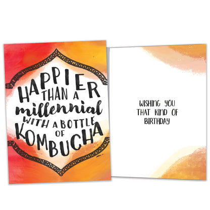 Front and inside view of a Birthday greeting card featuring a colourful background with a message about being happier than a millennial, with matching design details inside.
