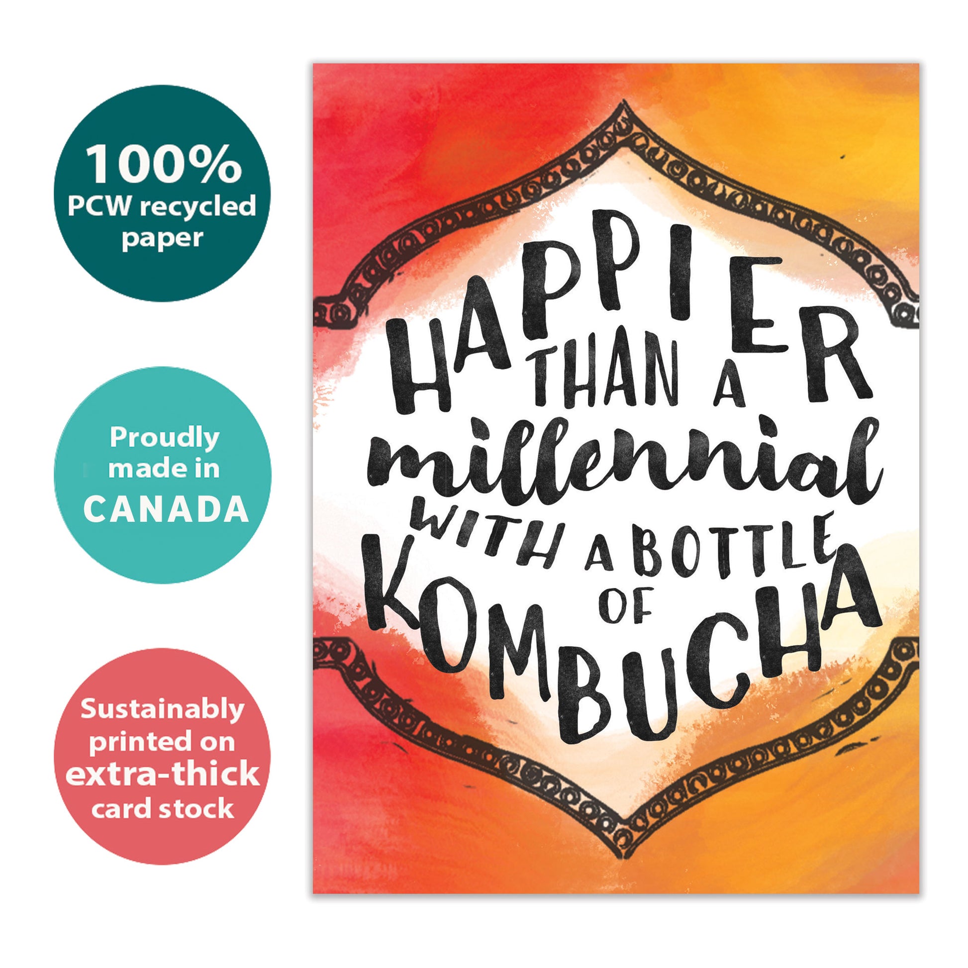 Front view of a Birthday greeting card with a colourful background and a message about being happier than a millennial, highlighting its eco-friendly materials and made in Canada.