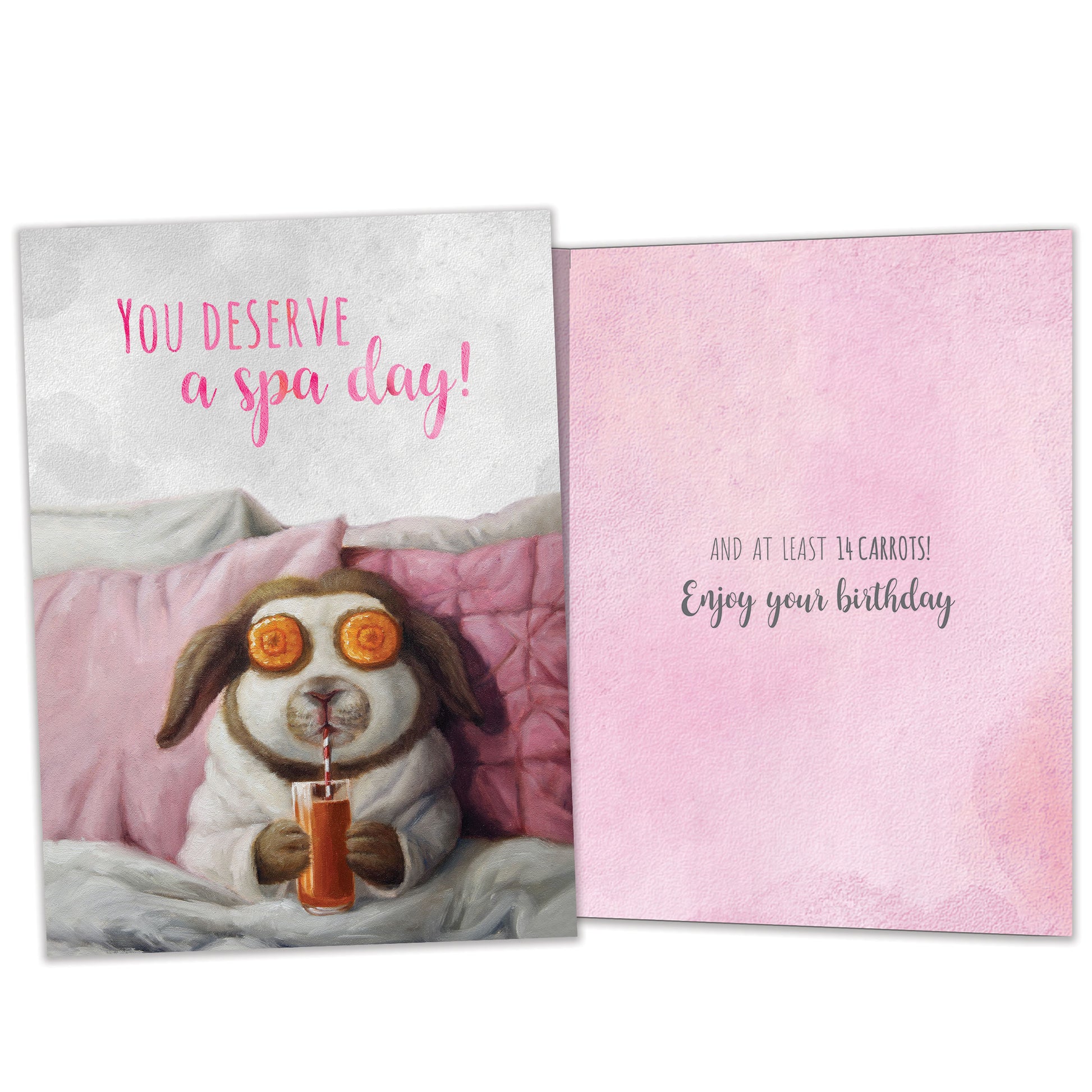 Front and inside view of a Birthday greeting card featuring an illustration of a bunny having a spa day, with matching design details inside.