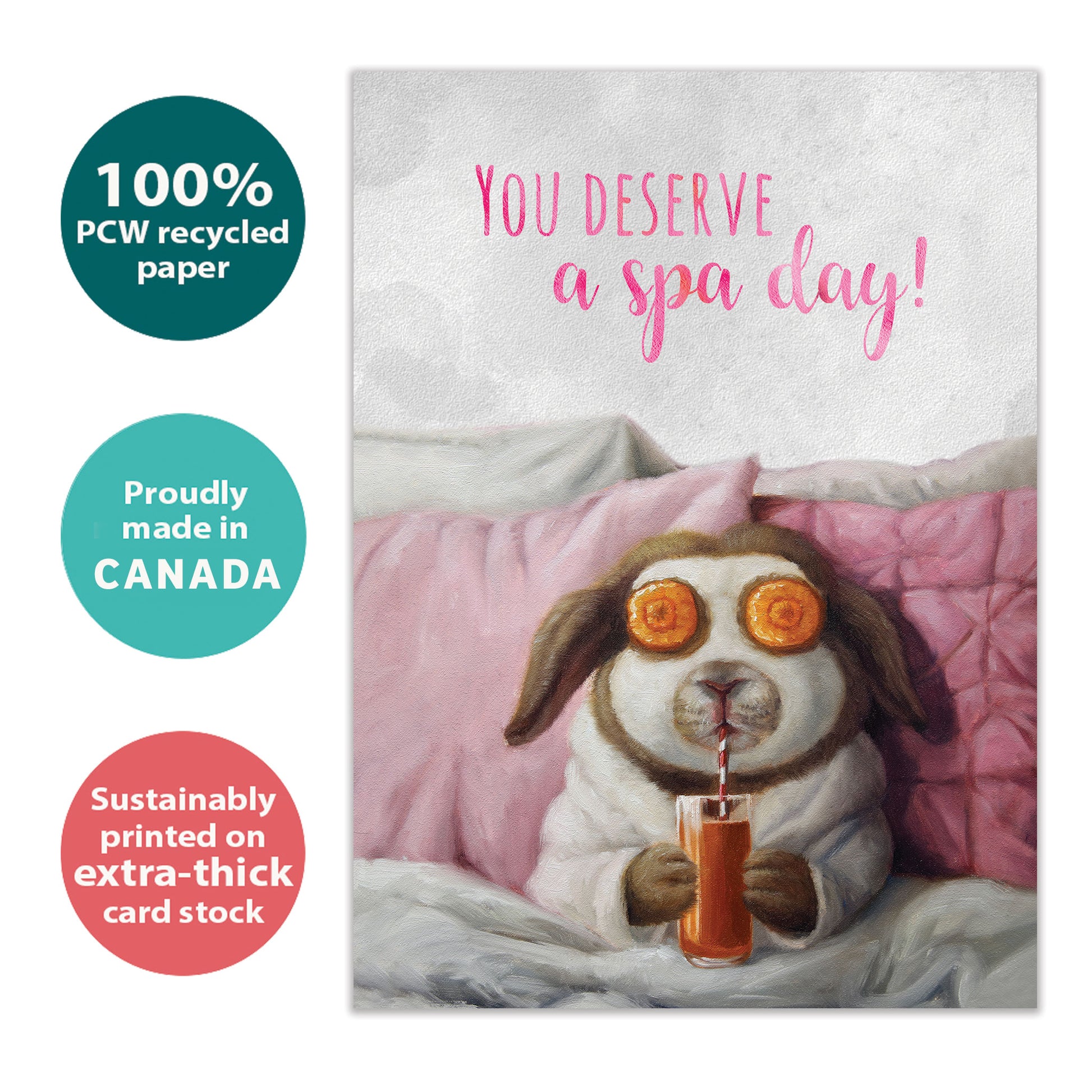 Front view of a Birthday greeting card with an illustration of a bunny having a spa day, highlighting its eco-friendly materials and made in Canada.