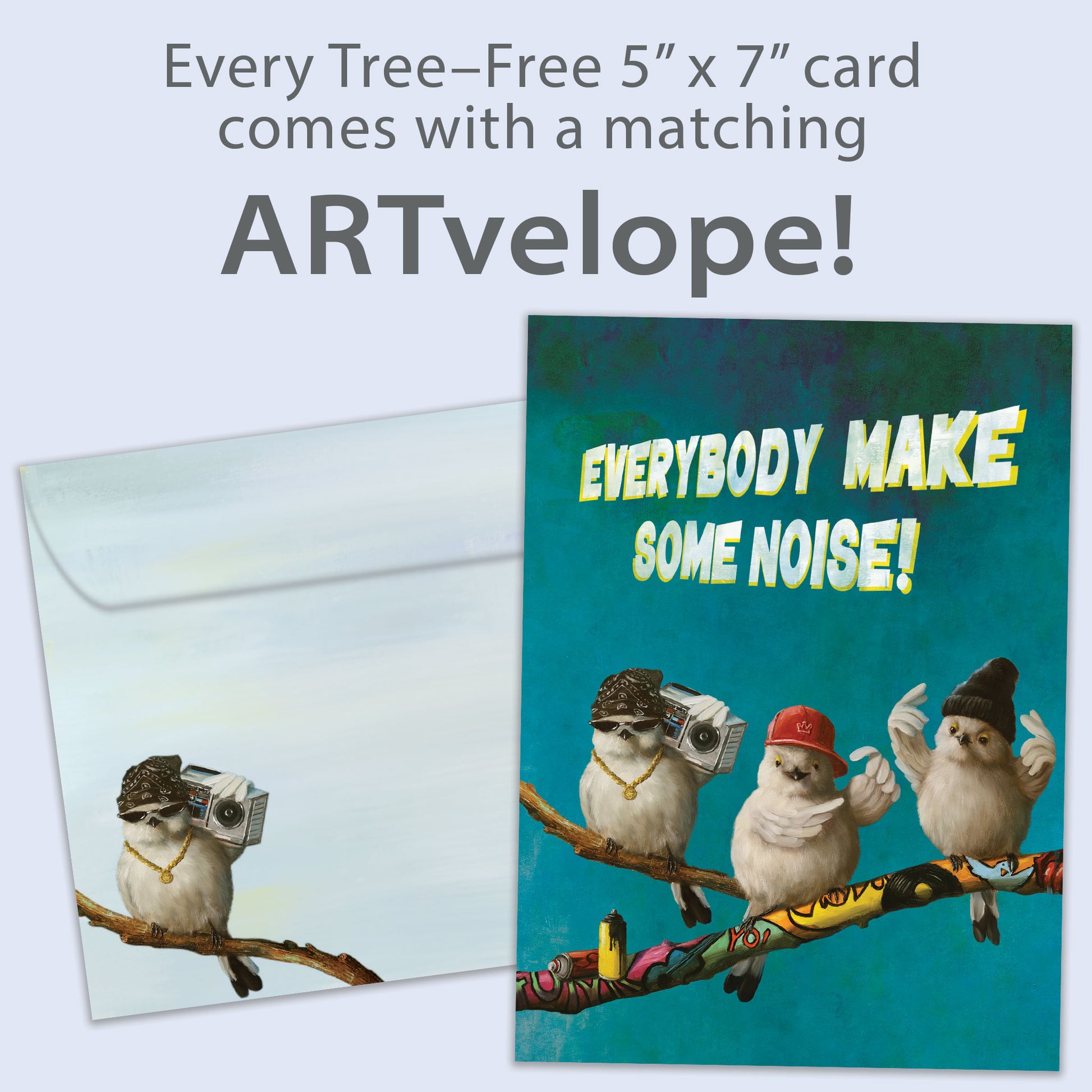 Front view of a Birthday greeting card featuring 3 hip-looking birds holding a ghetto blaster with the words "everybody make some noise", with matching envelope artwork.