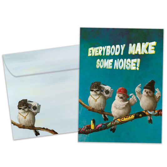 Front view of a Birthday greeting card featuring 3 hip-looking birds holding a ghetto blaster with the words "everybody make some noise", with a matching envelope.