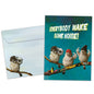 Front view of a Birthday greeting card featuring 3 hip-looking birds holding a ghetto blaster with the words "everybody make some noise", with a matching envelope.