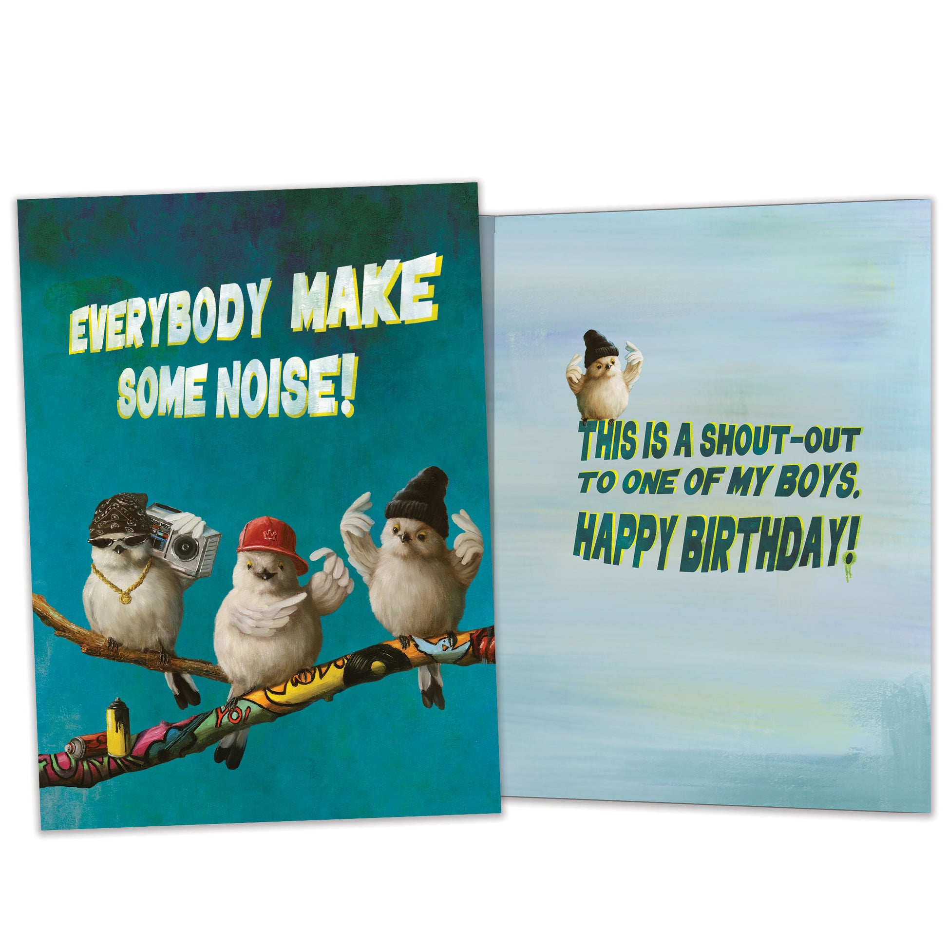 Front and inside view of a Birthday greeting card featuring 3 hip-looking birds holding a ghetto blaster with the words "everybody make some noise", with matching design details inside.