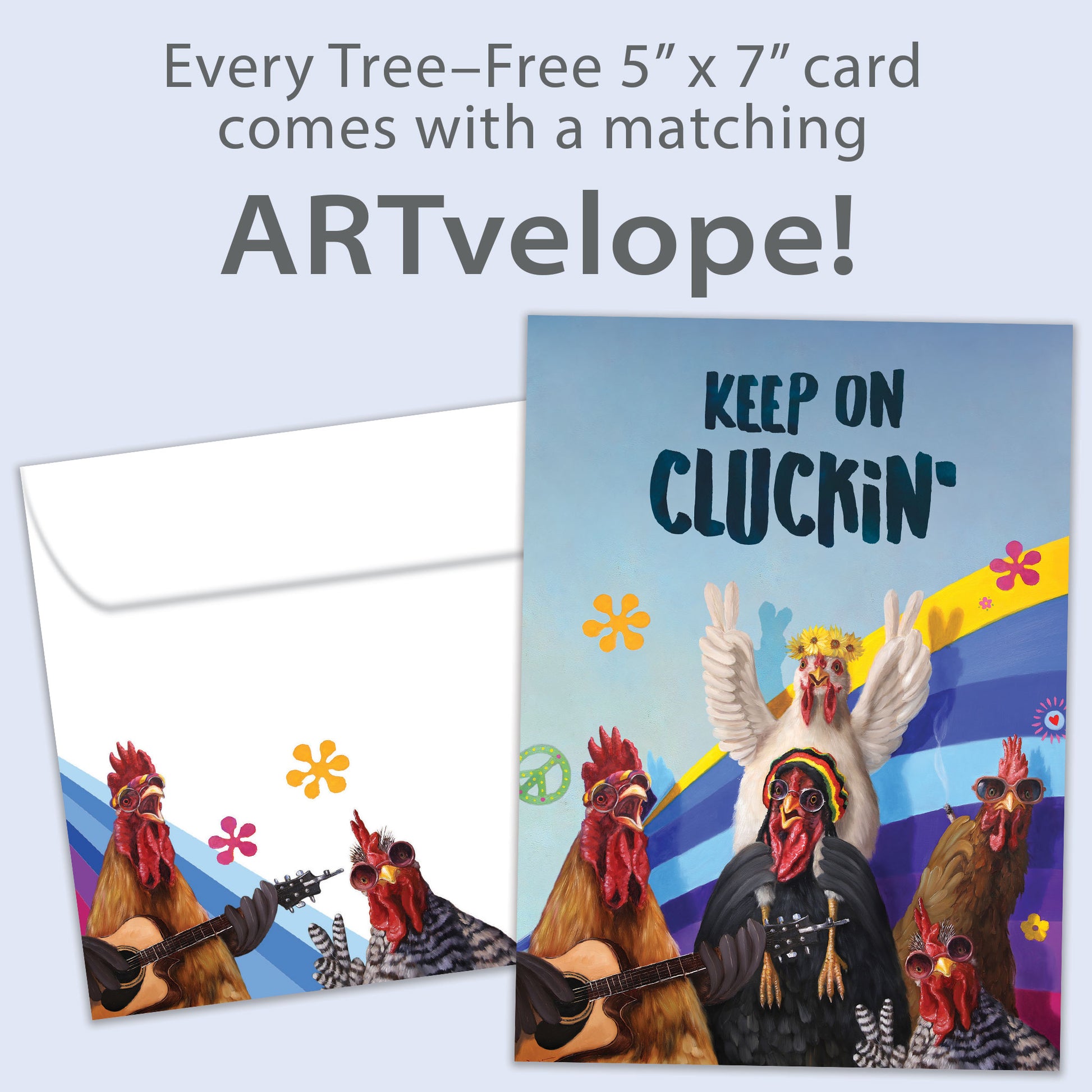 Front view of a Birthday greeting card featuring partying roosters with the words "keep on cluckin'", with matching envelope artwork.