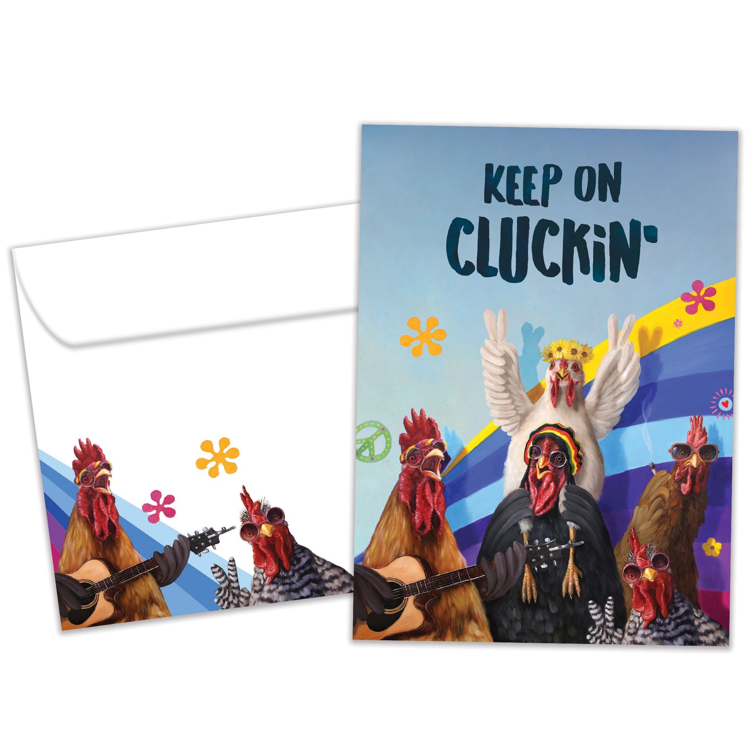 Front view of a Birthday greeting card featuring partying roosters with the words "keep on cluckin'", with a matching envelope.