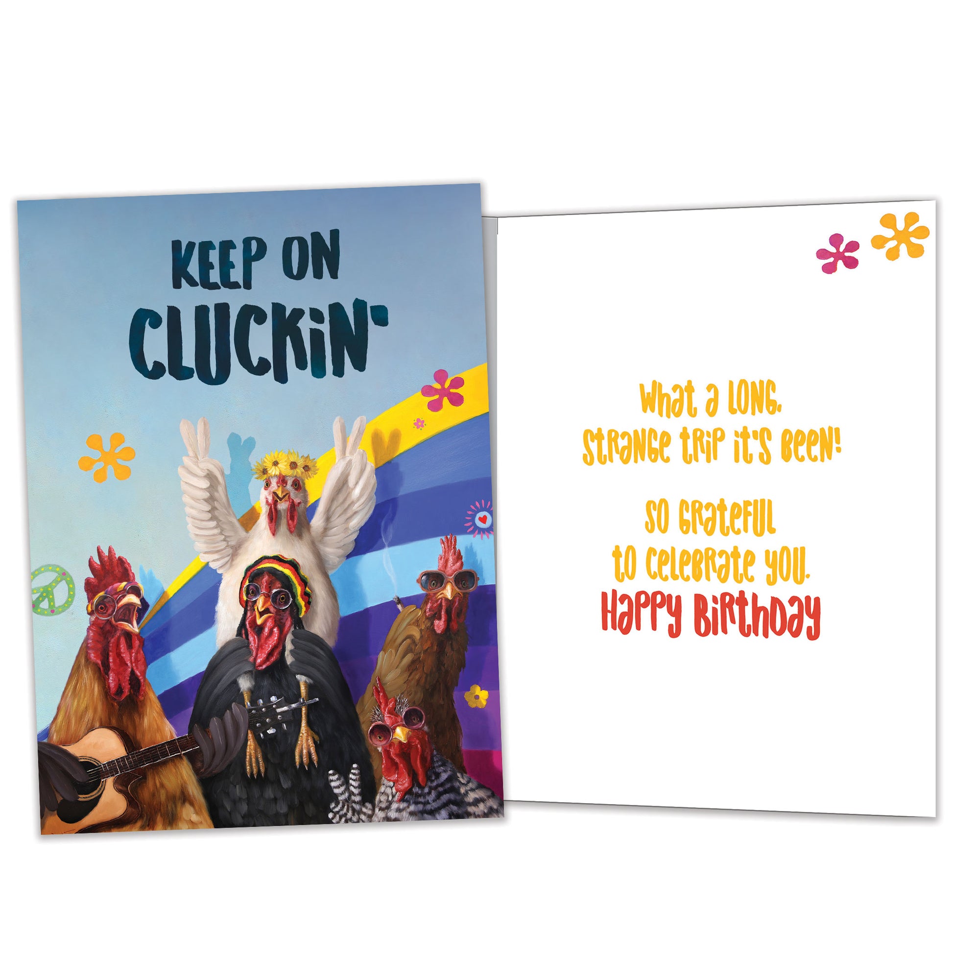 Front and inside view of a Birthday greeting card featuring partying roosters with the words "keep on cluckin'", with matching design details inside.
