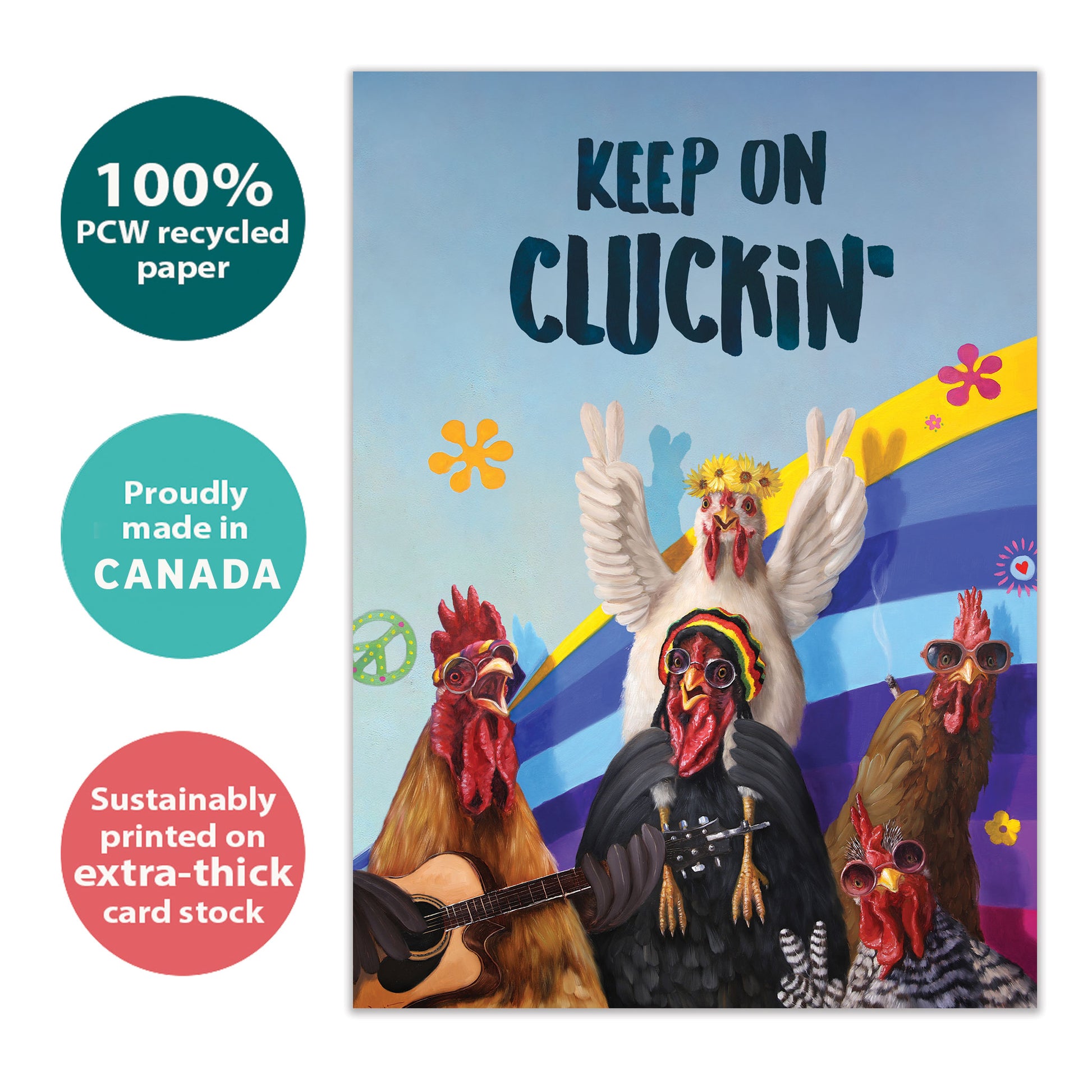 Front view of a Birthday greeting card with partying roosters and the words "keep on cluckin'", highlighting its eco-friendly materials and made in Canada.